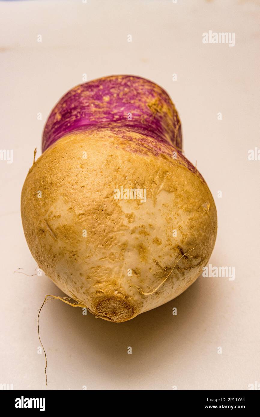 A common turnip with an odd shape on a kitchen cutting board Stock Photo