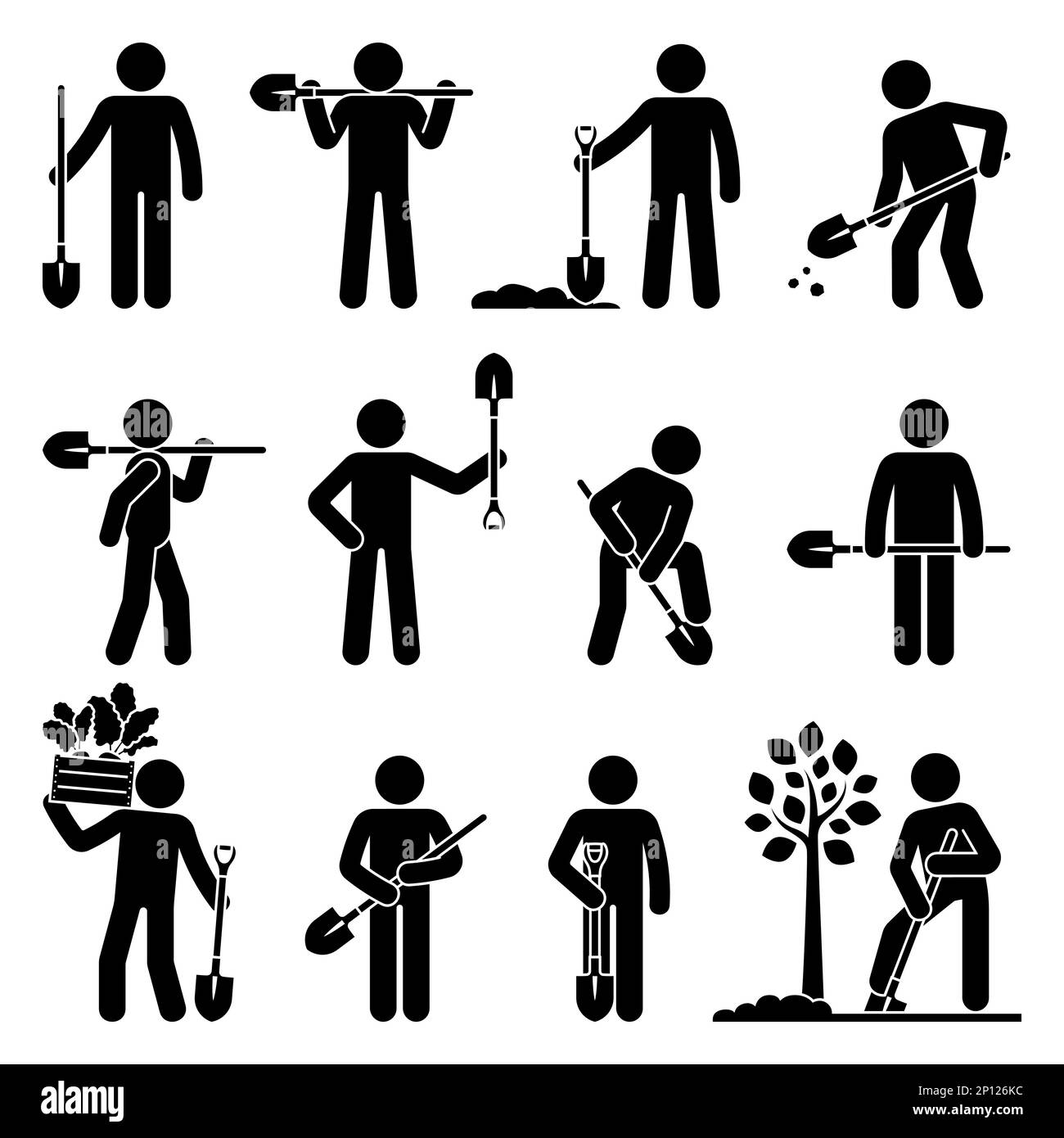 Stick figure man standing with shovel vector illustration set. Stickman digging ground, planting tree, gathering harvest icon silhouette pictogram Stock Vector