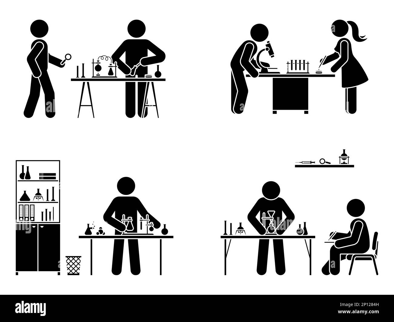 Stick figure man and woman chemist making scientific research in
