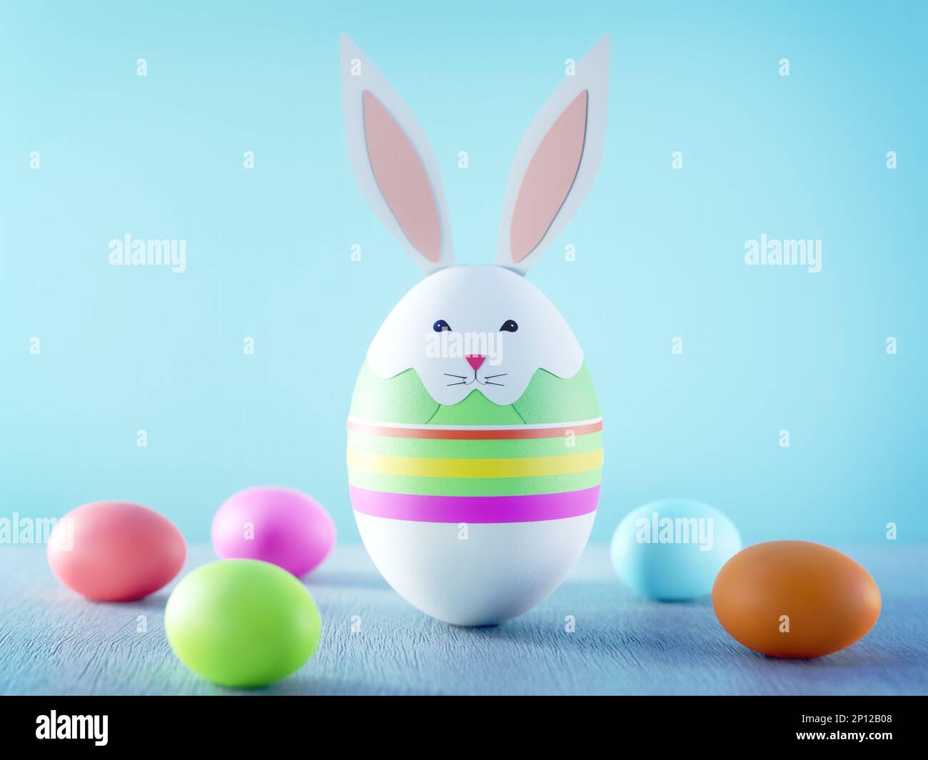 3D rendering of Easter bunny made out of egg with paper cutting decors over blue background Stock Photo