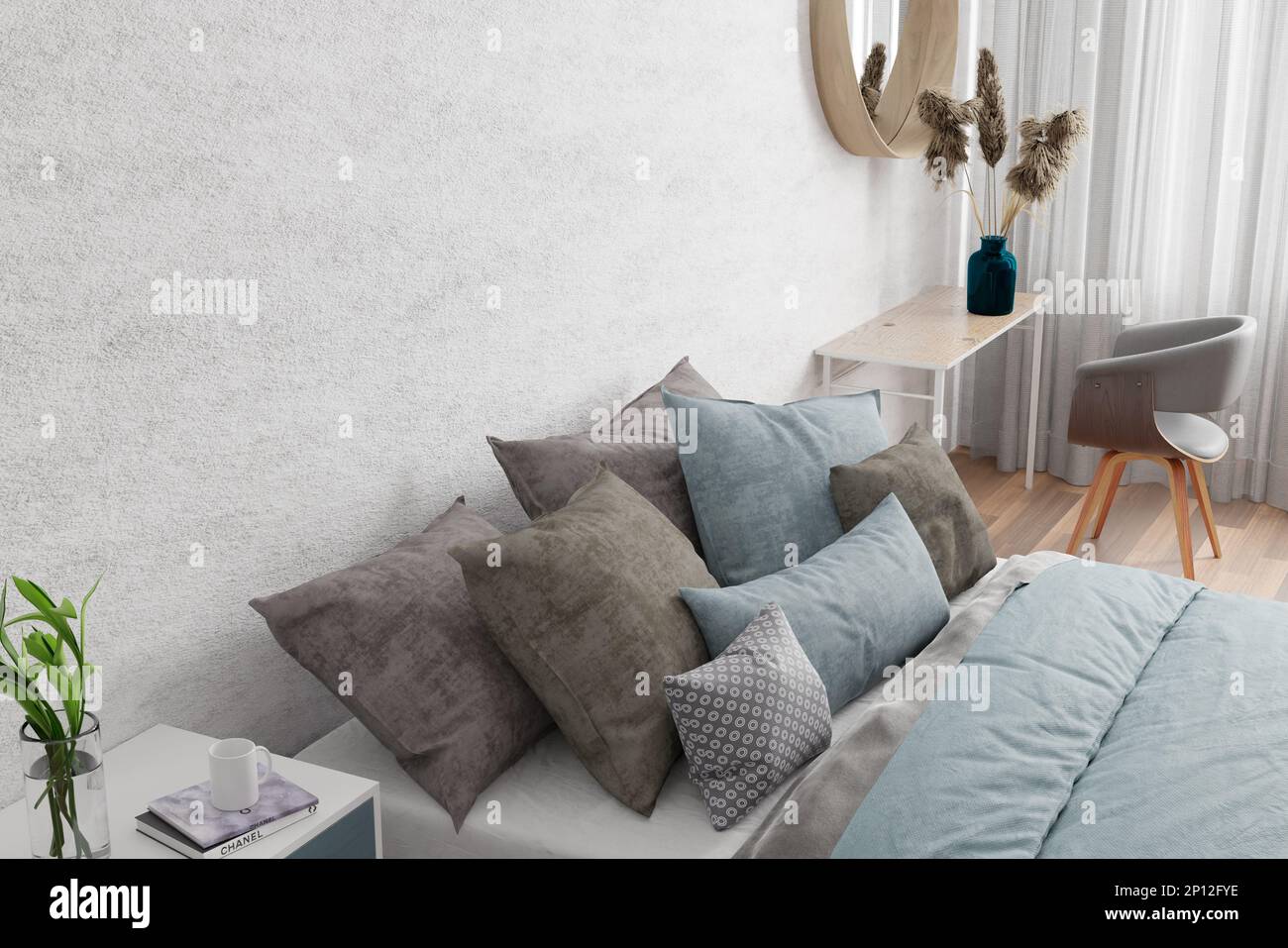 3DRender modern bedroom white curtains interior home decor Stock Photo