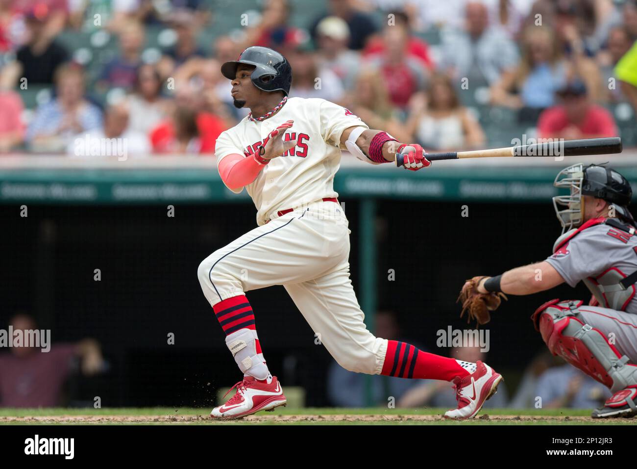 15 August 2016: Cleveland Indians Outfield Rajai Davis (20) [3738] hits a home  run during the fourth inning of the Major League Baseball game between the  Boston Red Sox and Cleveland Indians