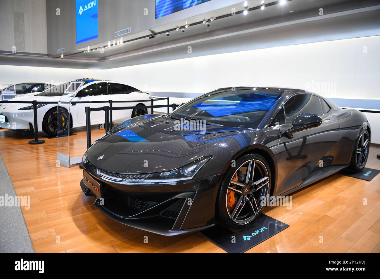(230303) -- GUANGZHOU, March 3, 2023 (Xinhua) -- This photo taken on Feb. 24, 2023 shows a new energy supercar at GAC Aion, an NEV subsidiary of Guangzhou Automobile Group Co., Ltd. (GAC Group), in Guangzhou, south China's Guangdong Province. Guangzhou, one of China's major car manufacturing bases, has been striving to attract investment in NEV industry in recent years. (Xinhua/Deng Hua) Stock Photo