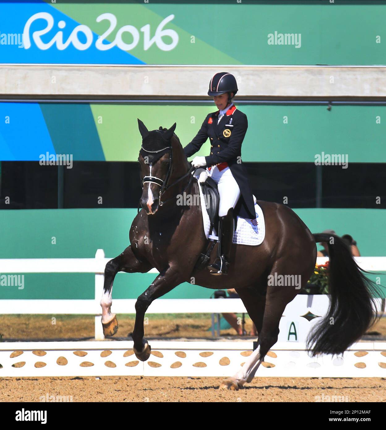 August 15, 2016 - Rio de Janeiro, Brazil - Great Britain's CHARLOTTE  DUJARDIN, a defending world champion in the equestrian dressage event,  executes her routine which which received a 93.928 percent score