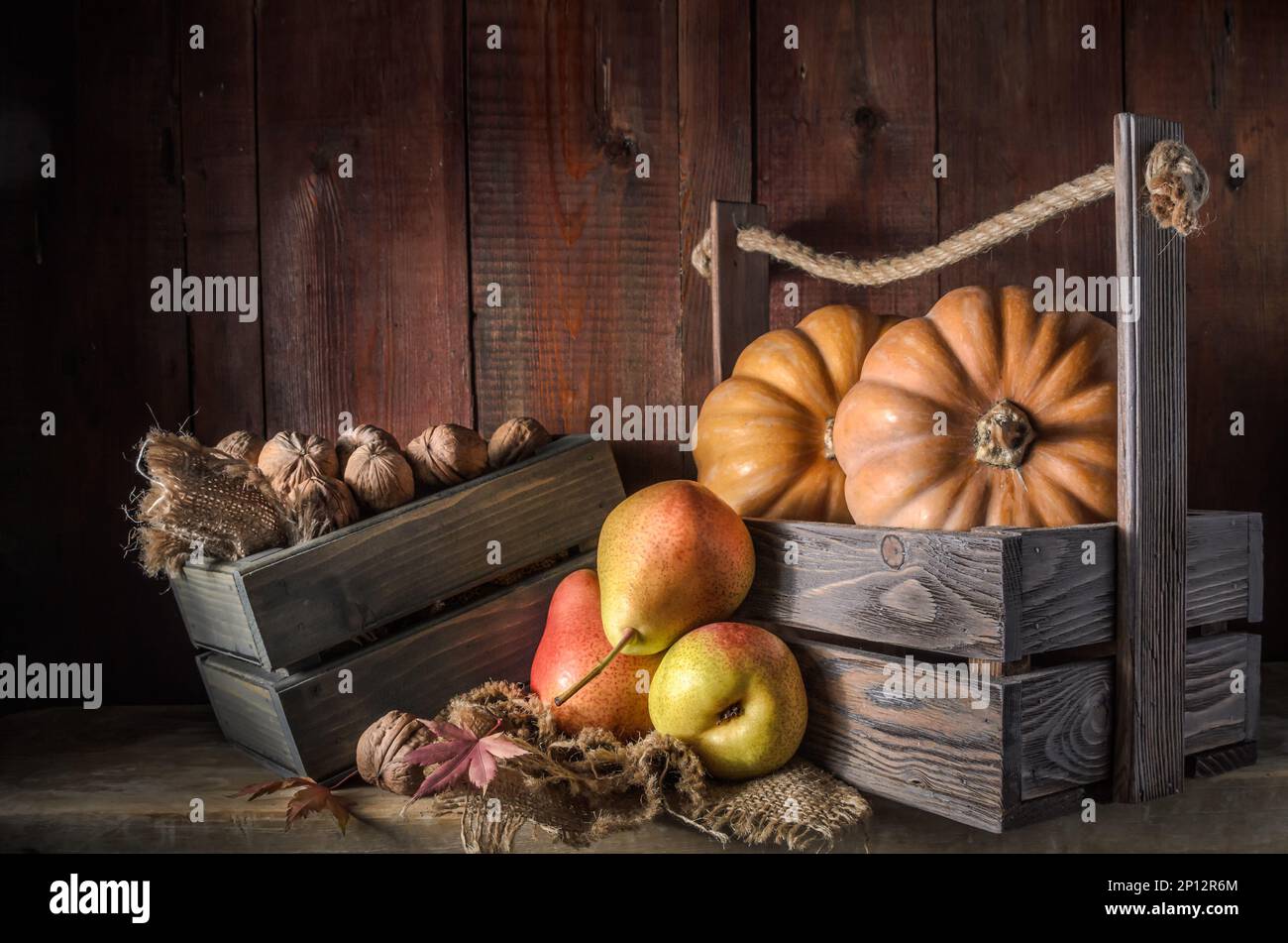 Pumpkin and fruits with nuts on a dark wooden background in a rustic ...