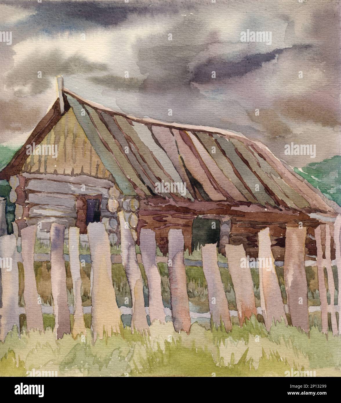 Old wooden house in the village in a summer landscape. Watercolor hand ...