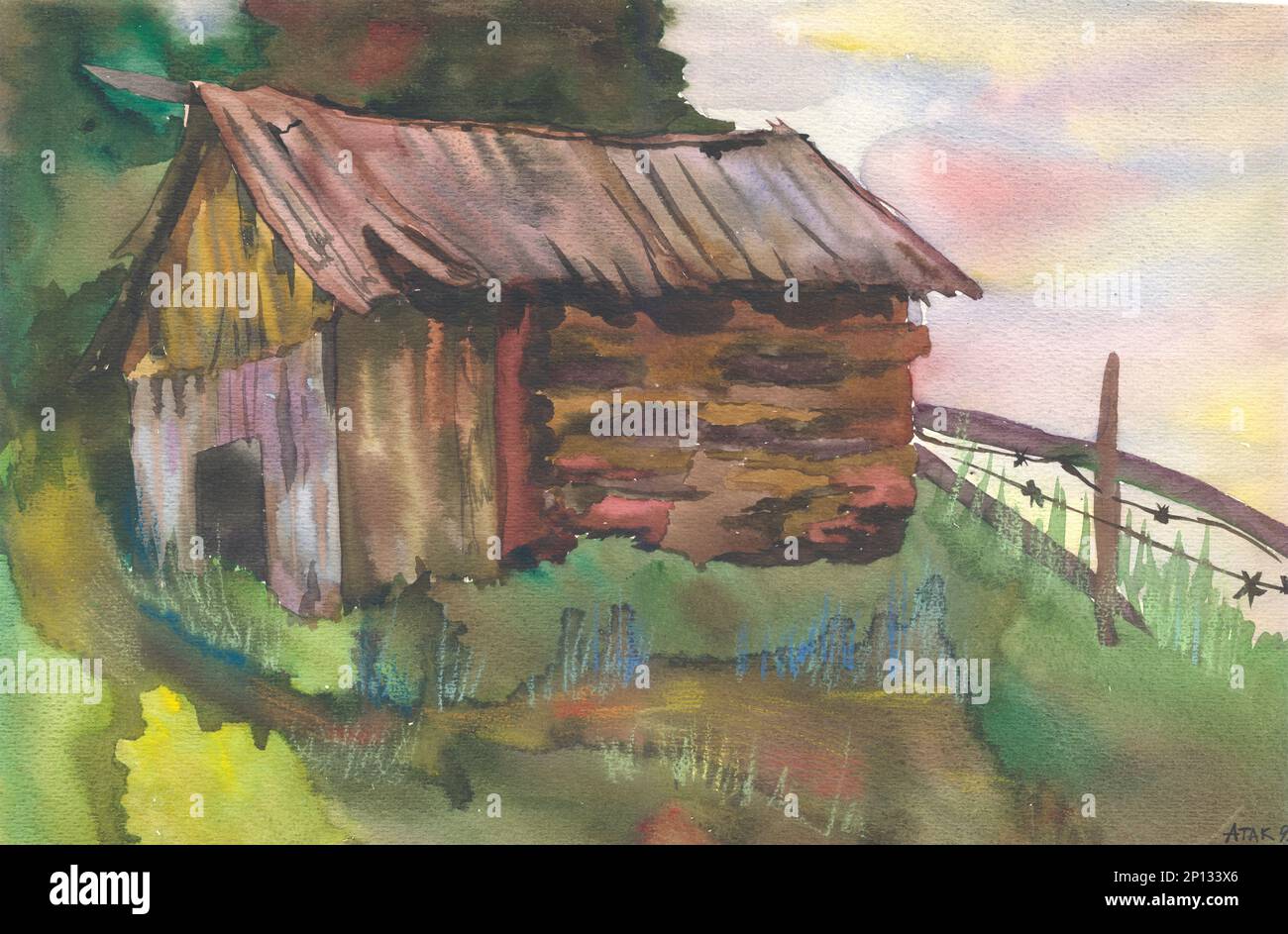 Old wooden house in the village in a summer landscape. Watercolor hand ...
