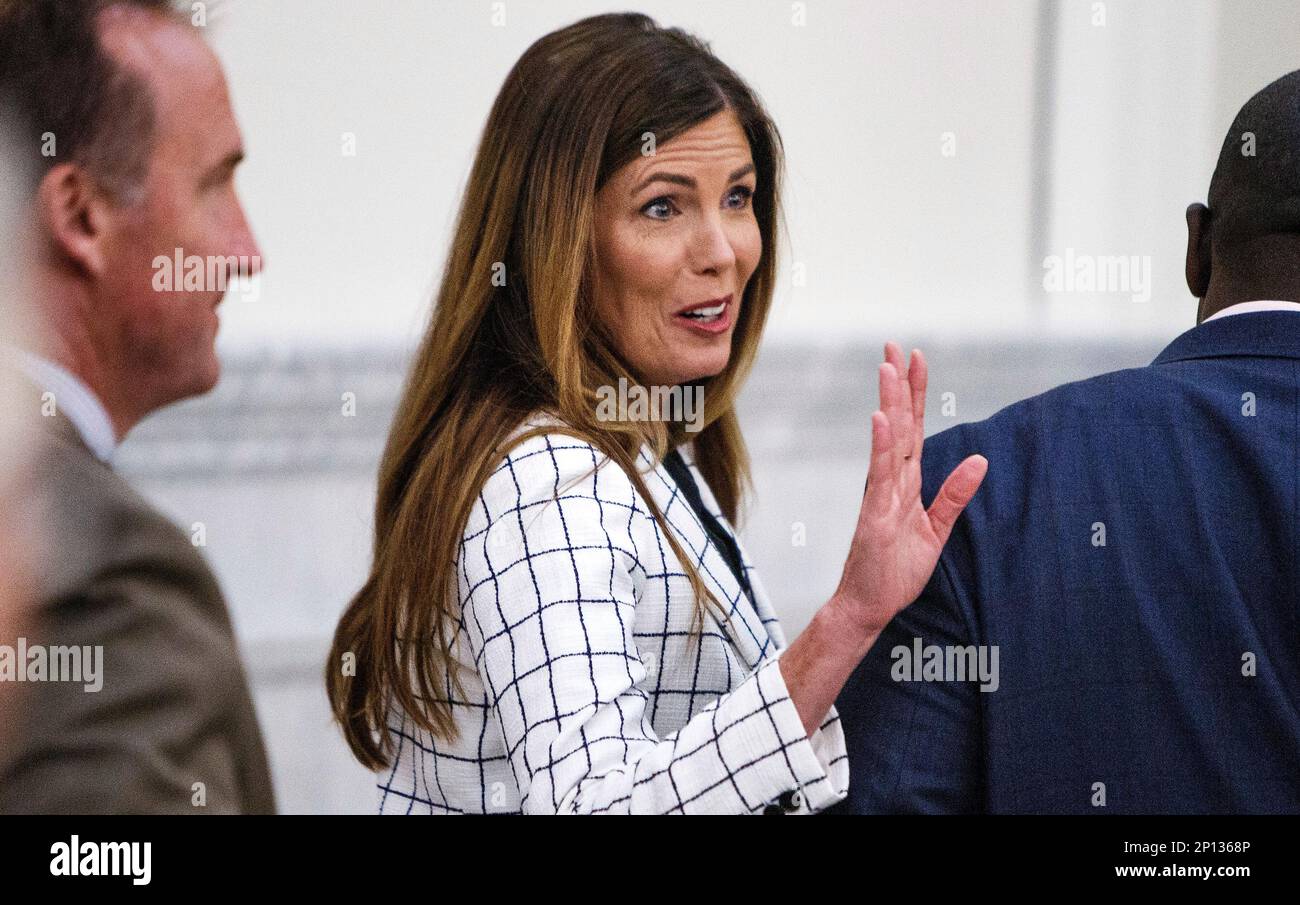 Pennsylvania Attorney General Kathleen Kane leaves the courtroom for a short recess on the