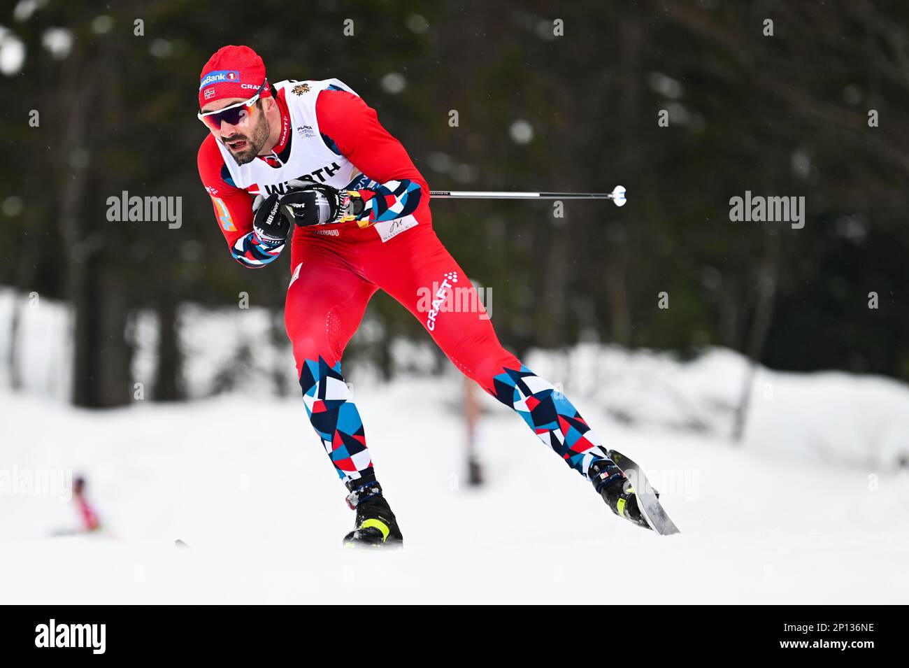 Planica, Slovenia. 28th Feb, 2023. Norway's Hans Christer Holund on the first leg of the men’s 4 by 10-K relay at the 2023 FIS World Nordic Ski Championships in Planica, Slovenia. Norway won the event. Credit: John Lazenby/Alamy Live News Stock Photo