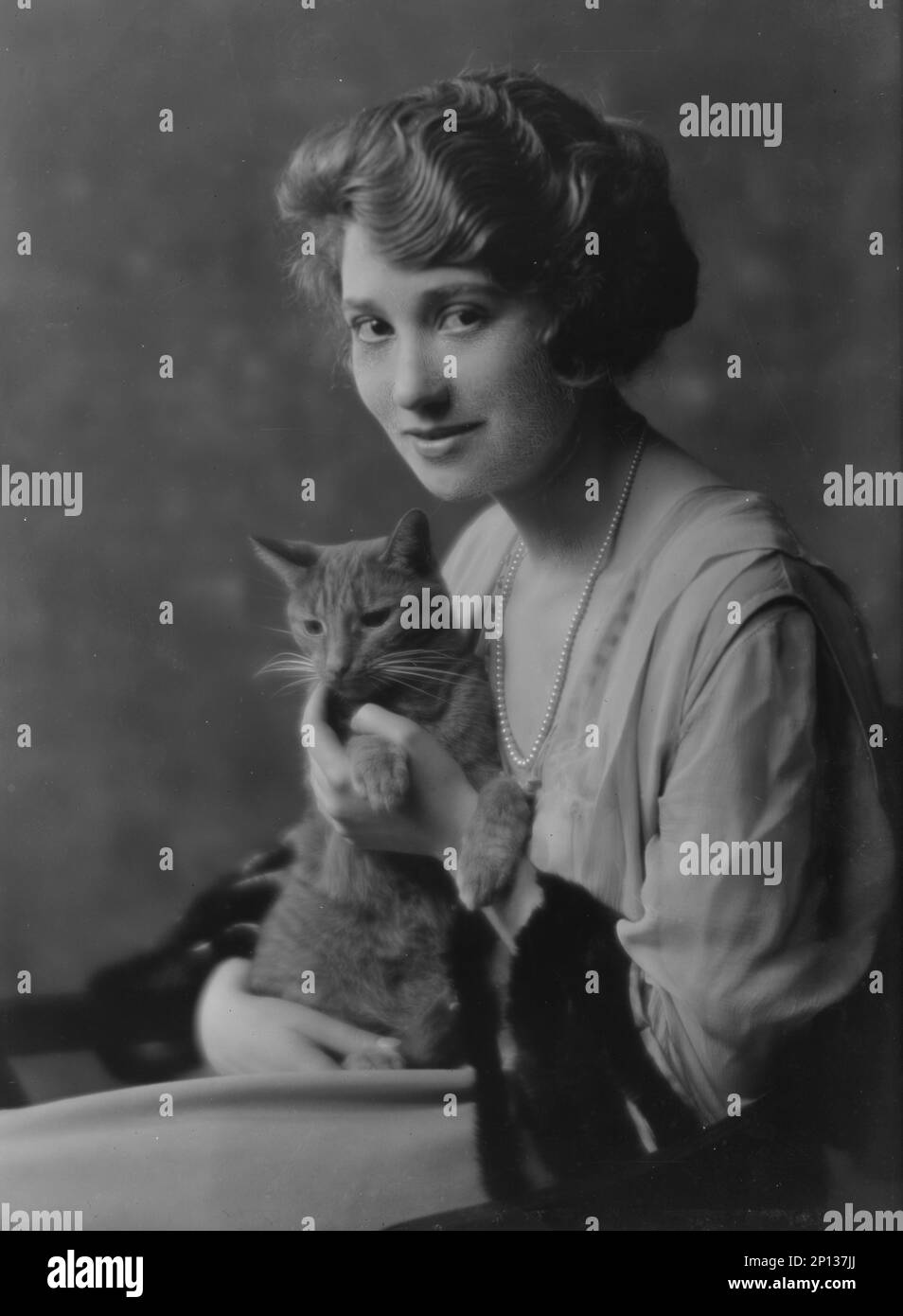 Bainter, Fay, Miss, with Buzzer the cat, portrait photograph, 1916. Stock Photo