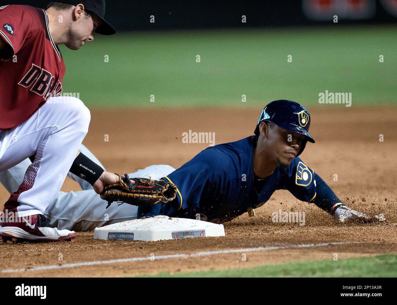 05 August 2016: Milwaukee Brewers Shortstop Orlando Arcia (3) gets his  first MLB hit and RBI single [10779] during a game between Milwaukee Brewers  and the Arizona Diamondbacks at Chase field. (Photo