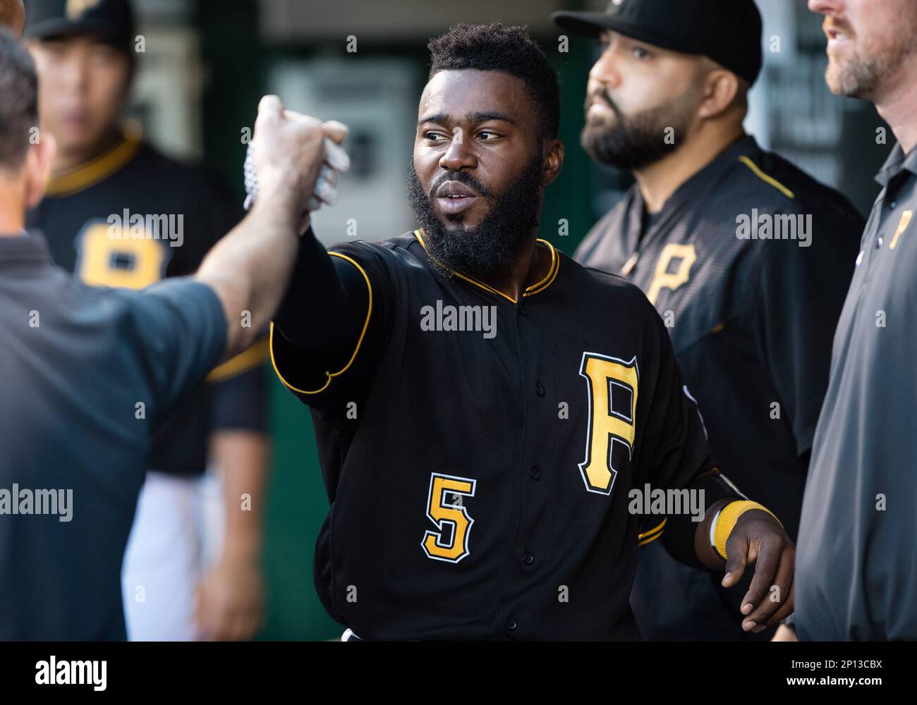 May 1 2016: Pittsburgh Pirates second baseman Josh Harrison (5) in action  during the game between the Cincinnati Reds and the Pittsburgh Pirates at  PNC Park in Pittsburgh, Pennsylvania (Photo by Justin