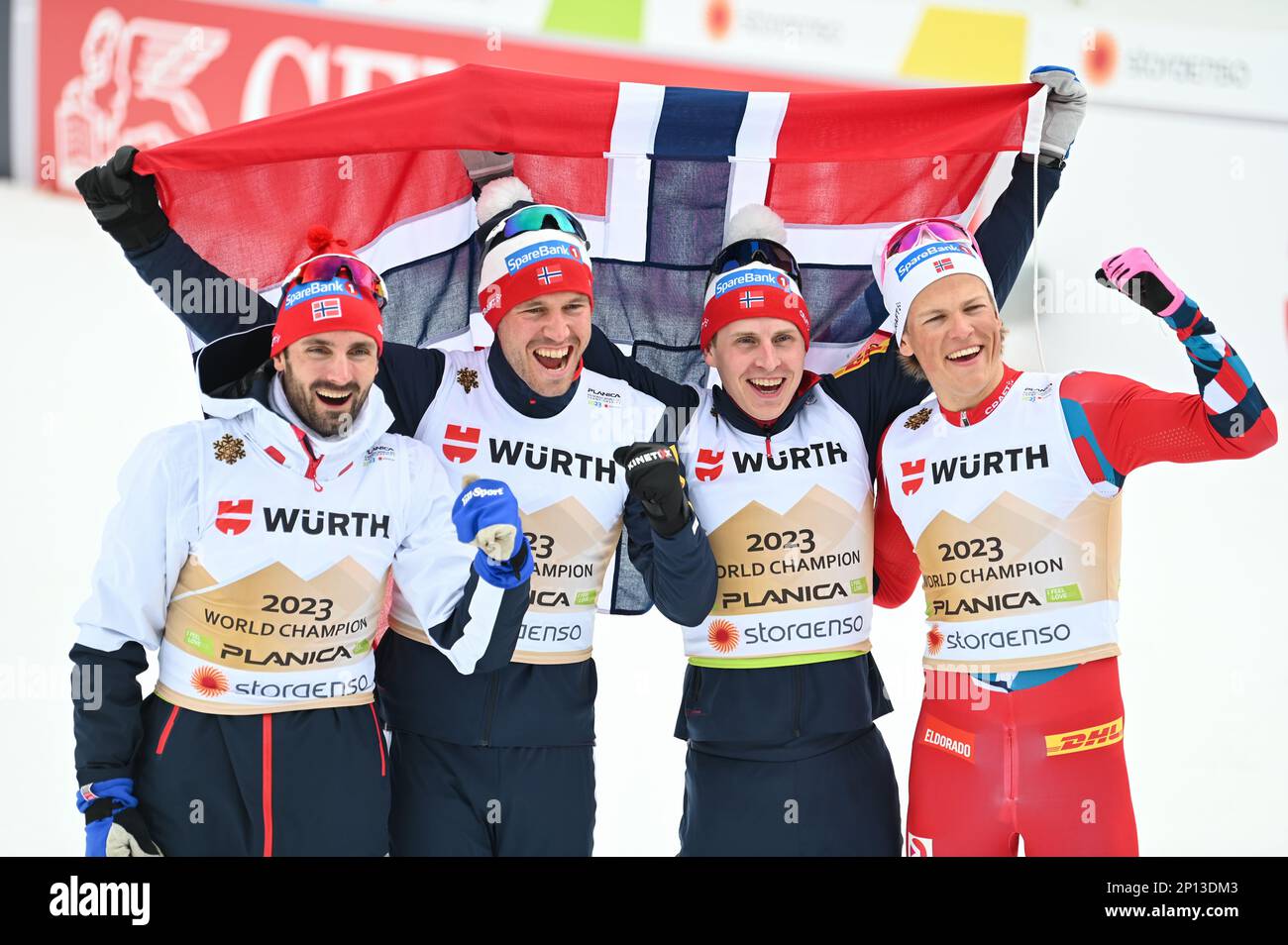 3 March, 2023. Norway's winning team after winning the men's 4x10-K relay at the FIS world cross country ski championships in Planica, Slovenia. From left, Hans Christer Holund, Paal Golberg, Simen Hegstad Krueger, Johannes Hoesflot Klaebo. Credit: John Lazenby/Alamy Live News Stock Photo