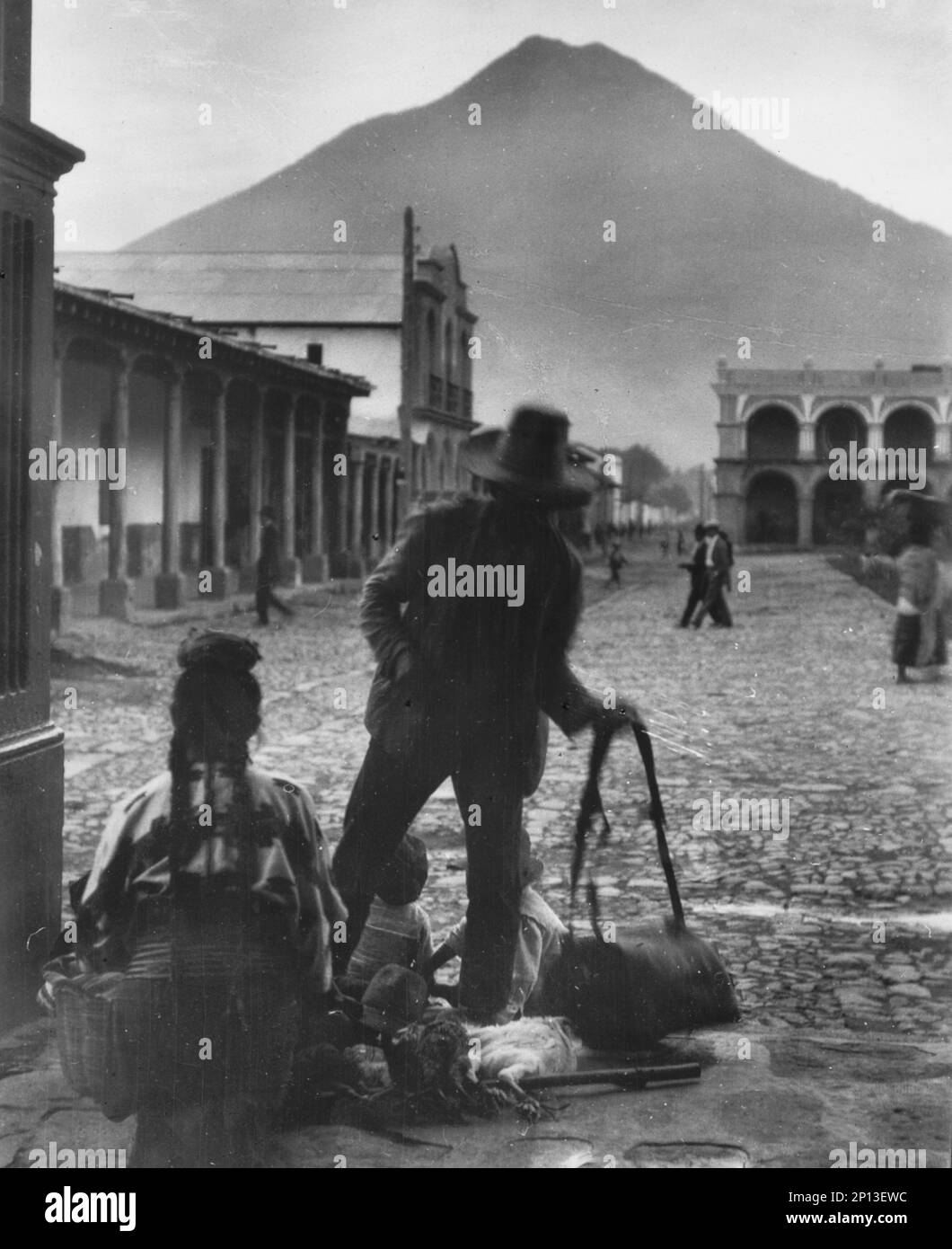 Plaza and volcano of Antigua, Guatemala, between 1899 and 1926 Stock
