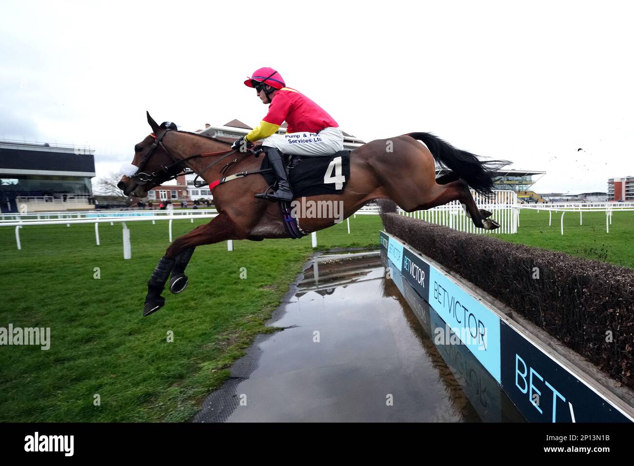 Calgary Tiger ridden by jockey Ben Ffrench-Davis on their way to winning  the West Berkshire Mencap Handicap Chase at Newbury Racecourse. Picture  date: Friday March 3, 2023 Stock Photo - Alamy