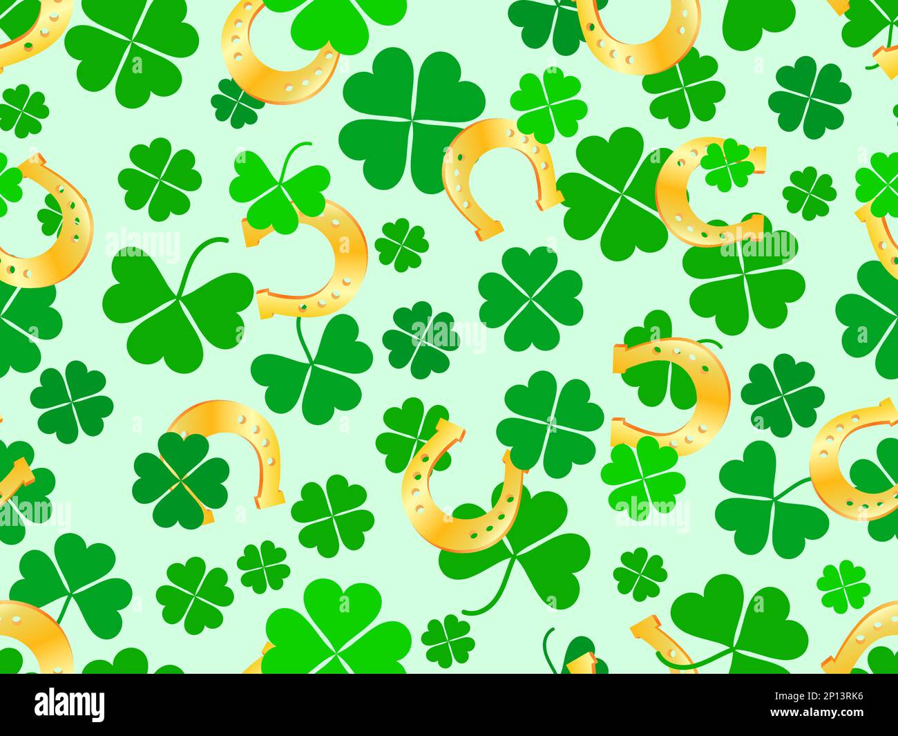 Seamless pattern with clover leaves and horseshoes for St. Patrick's Day. Clover leaves and a horseshoe are a traditional symbol of good luck and happ Stock Vector