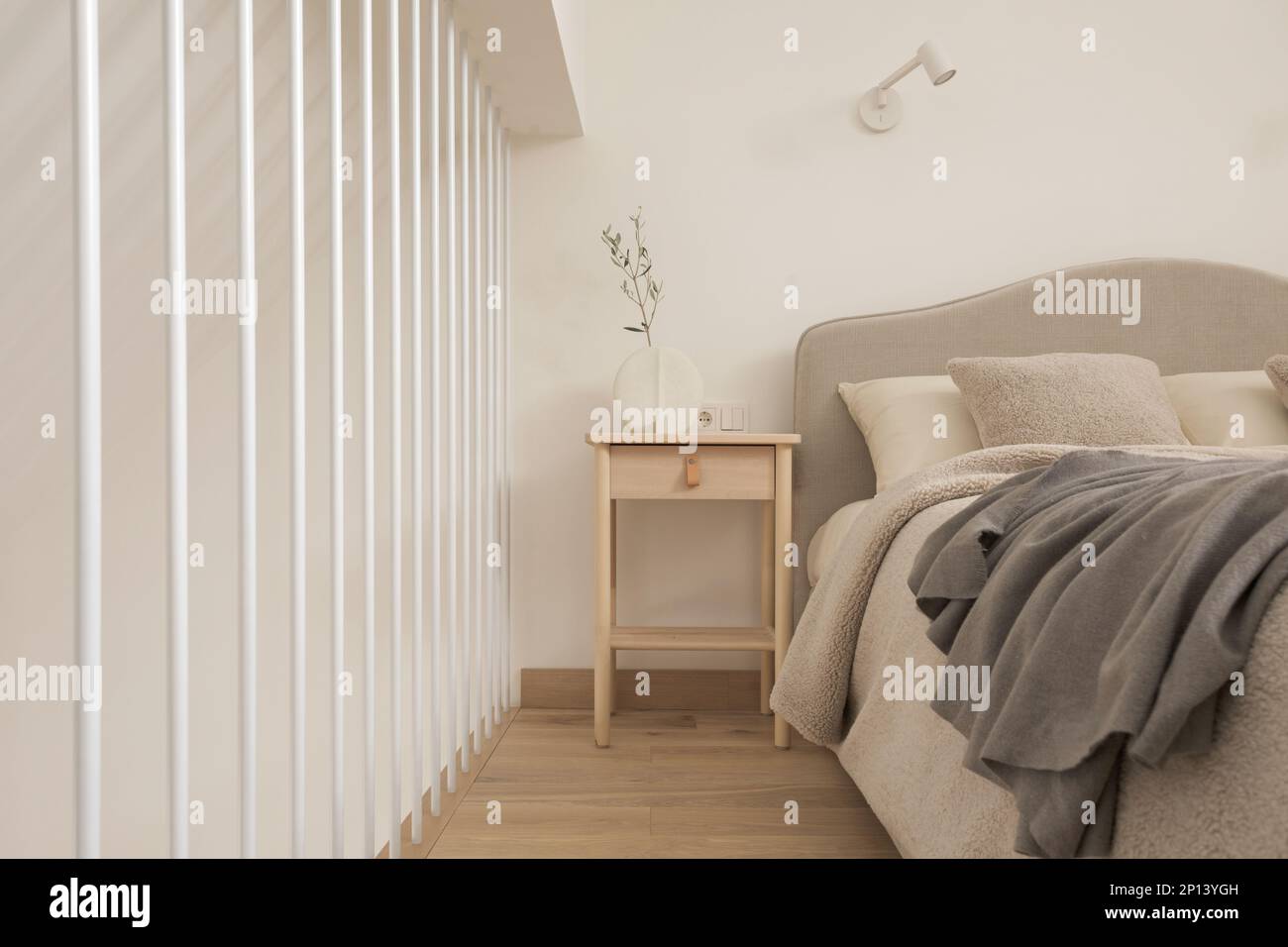 A cozy Home interior in warm beige tones in Japanese  and Scandinavian Style. Modern Scandinavian Bedroom Interior Design. Japandi Concept Stock Photo