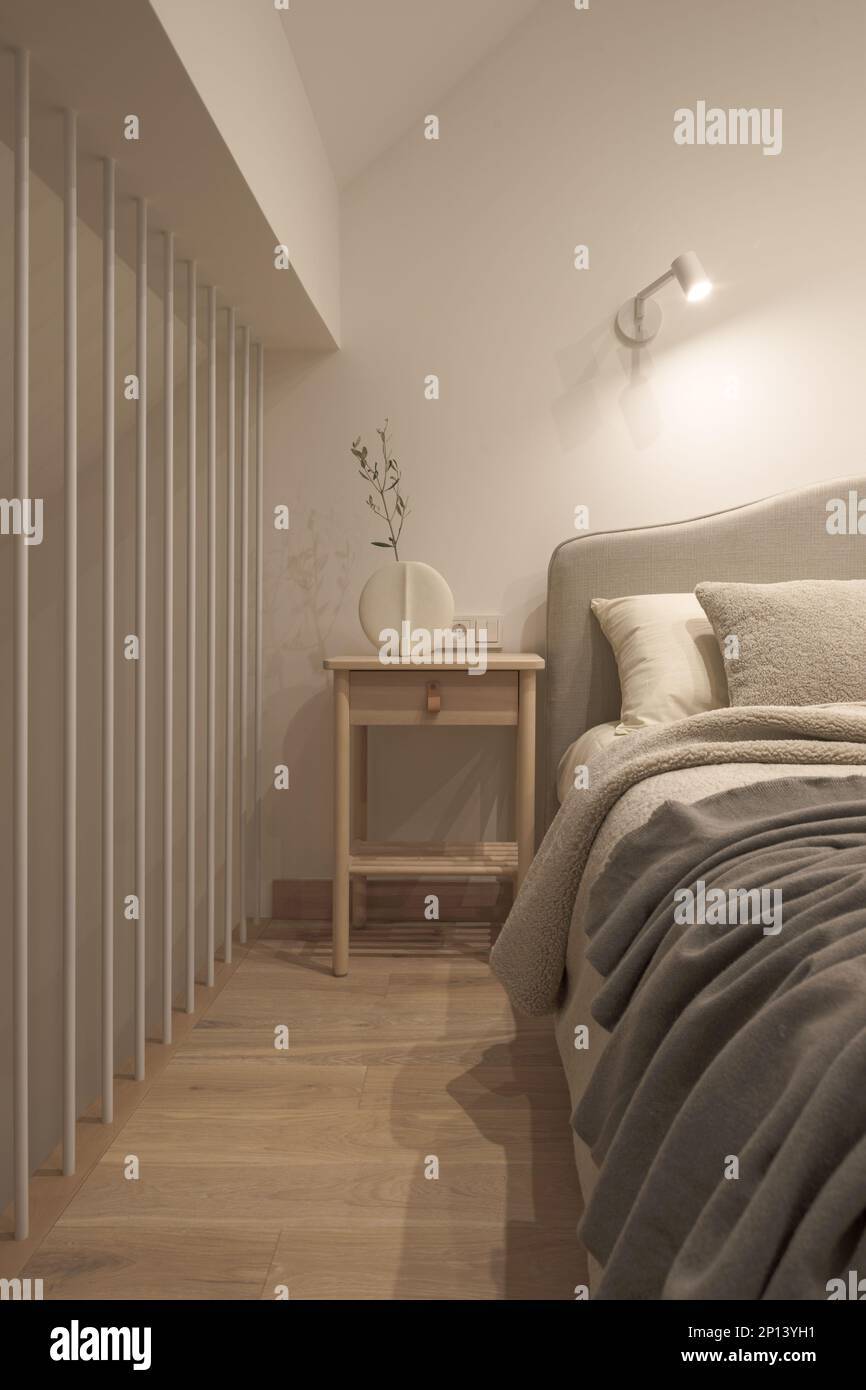 A cozy Home interior in warm beige tones in Japanese  and Scandinavian Style. Modern Scandinavian bedroom Interior Design. Japandi Concept Stock Photo