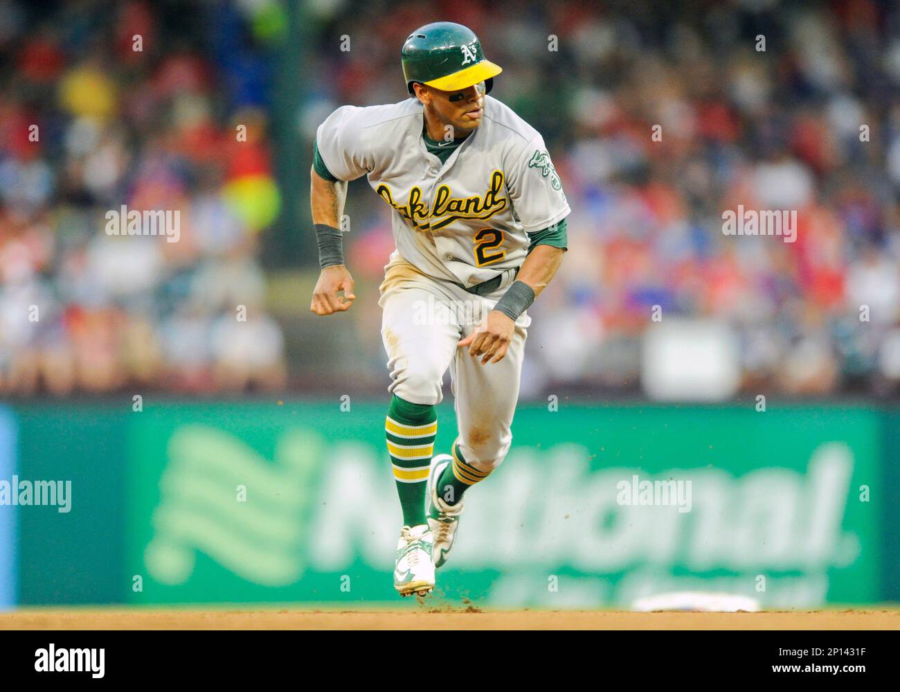 July 27, 2016: Oakland Athletics left fielder Coco Crisp #4 during an MLB  game between the Oakland A's and the Texas Rangers at Globe Life Park in  Arlington, TX Oakland defeated Texas