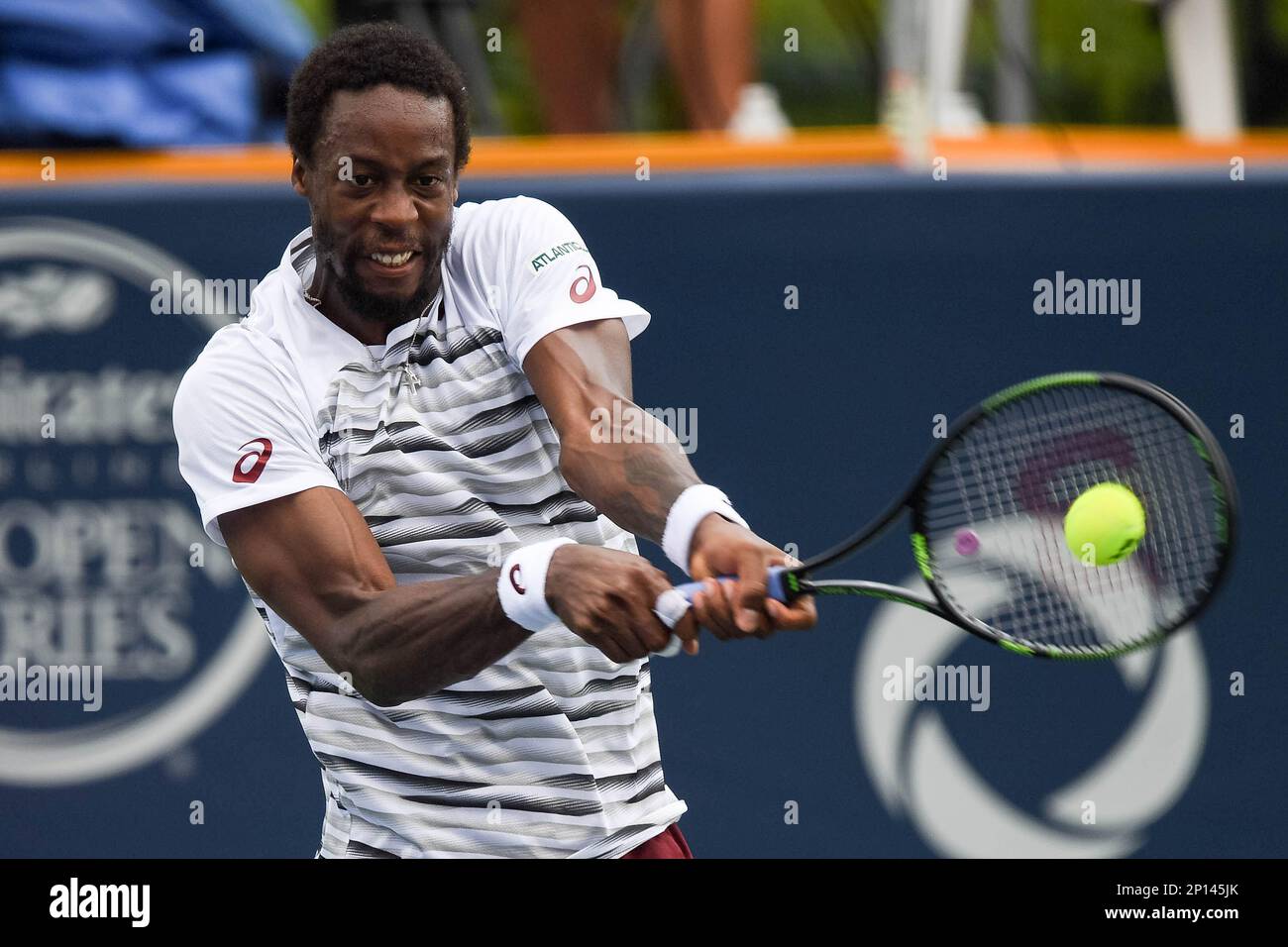 July 28, 2016: Gael Monfils of France returns the ball to David Goffin of  Belgium during their third round match of the Rogers Cup tournament at the  Aviva Centre in Toronto, Ontario,