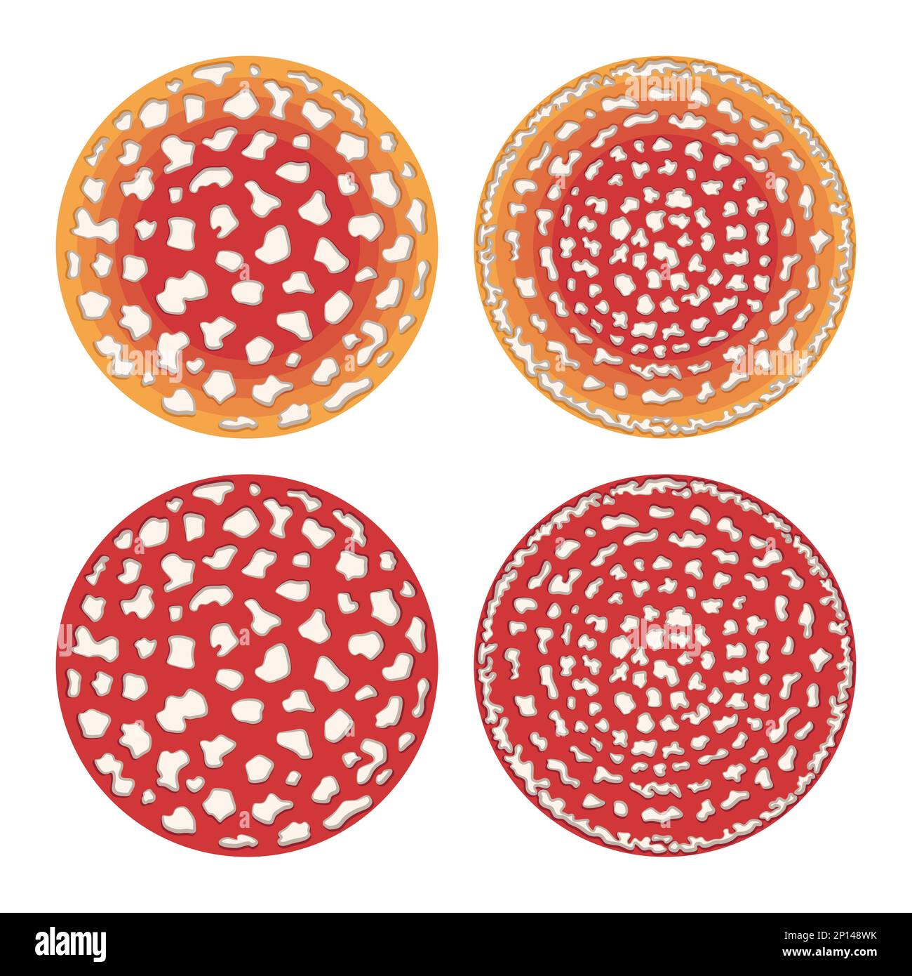 Set of color illustration with fly agaric mushroom caps. Isolated vector objects on white background. Stock Vector