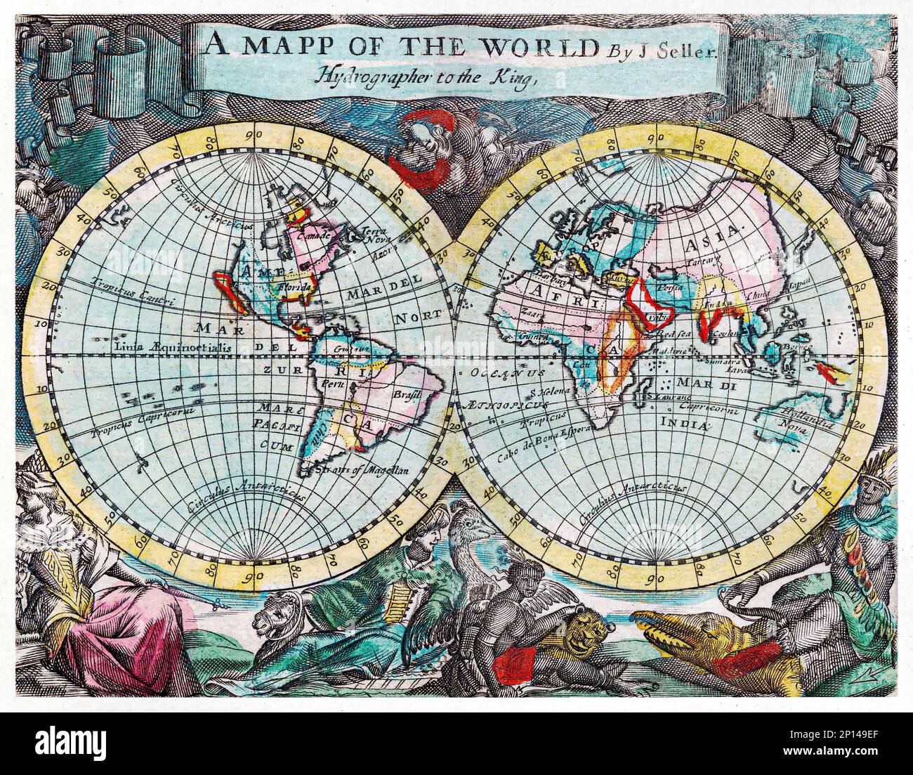 A mapp of the world (1682) by John Playford. Original From The New York Public Library. Stock Photo