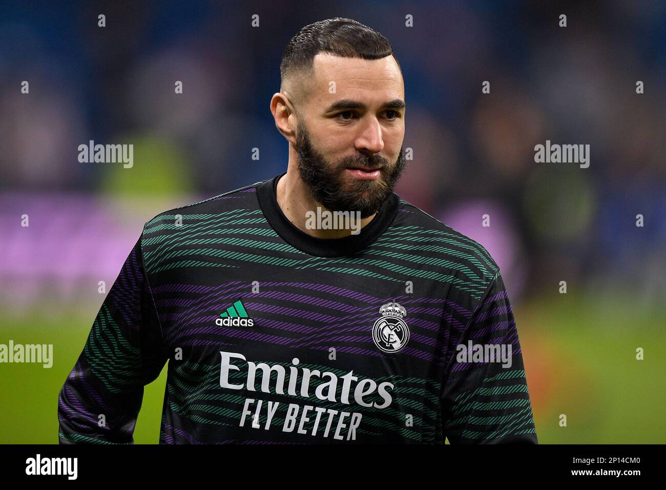 MADRID, SPAIN - MARCH 2: Karim Benzema of Real Madrid prior to the Semi Final Leg One - Copa Del Rey match between Real Madrid CF and FC Barcelona at the Estadio Santiago Bernabeu on March 2, 2023 in Madrid, Spain (Photo by Pablo Morano/BSR Agency) Stock Photo