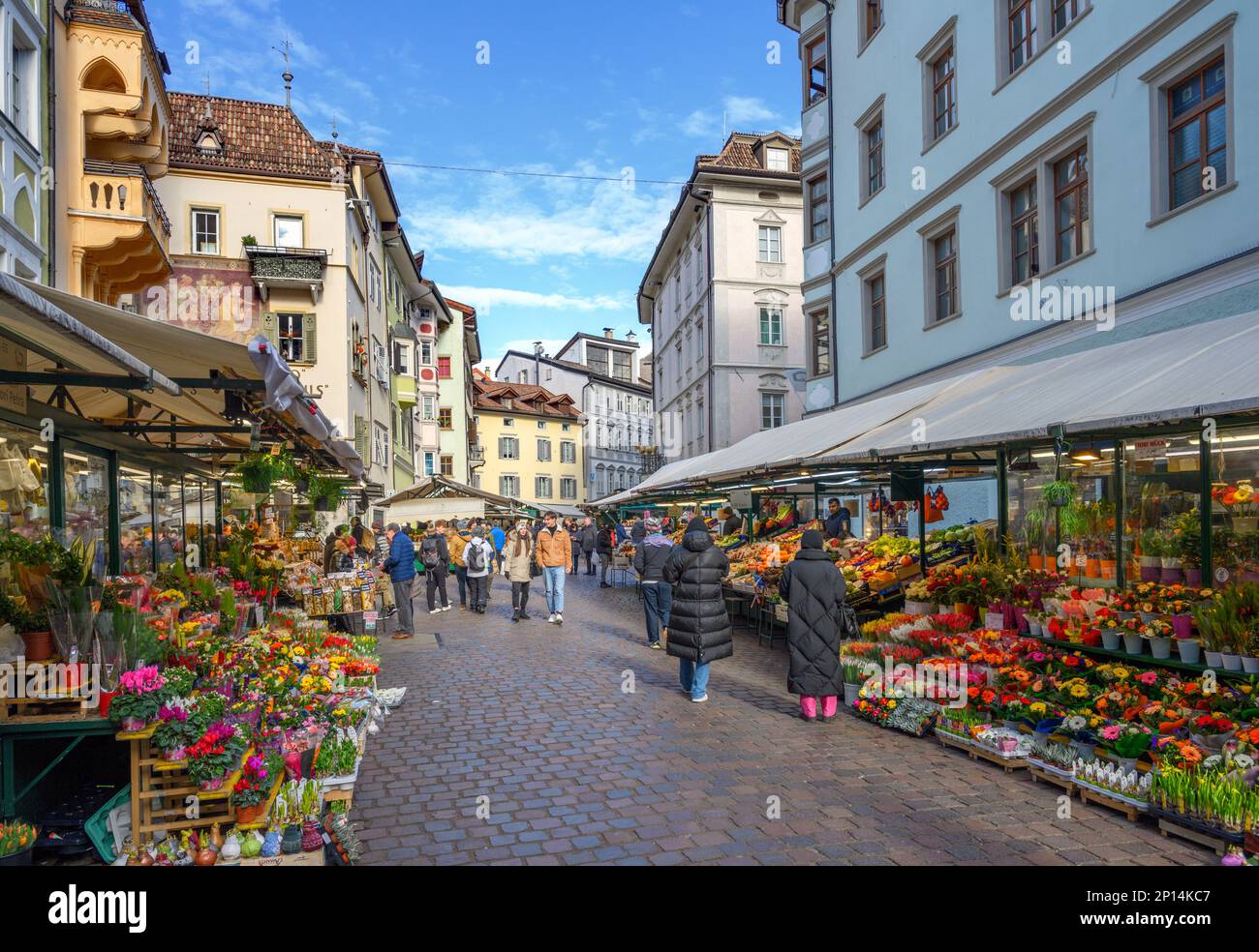 Market stalls on Piazza delle Erbe, Bolzano, Italy (Bozen) Stock Photo