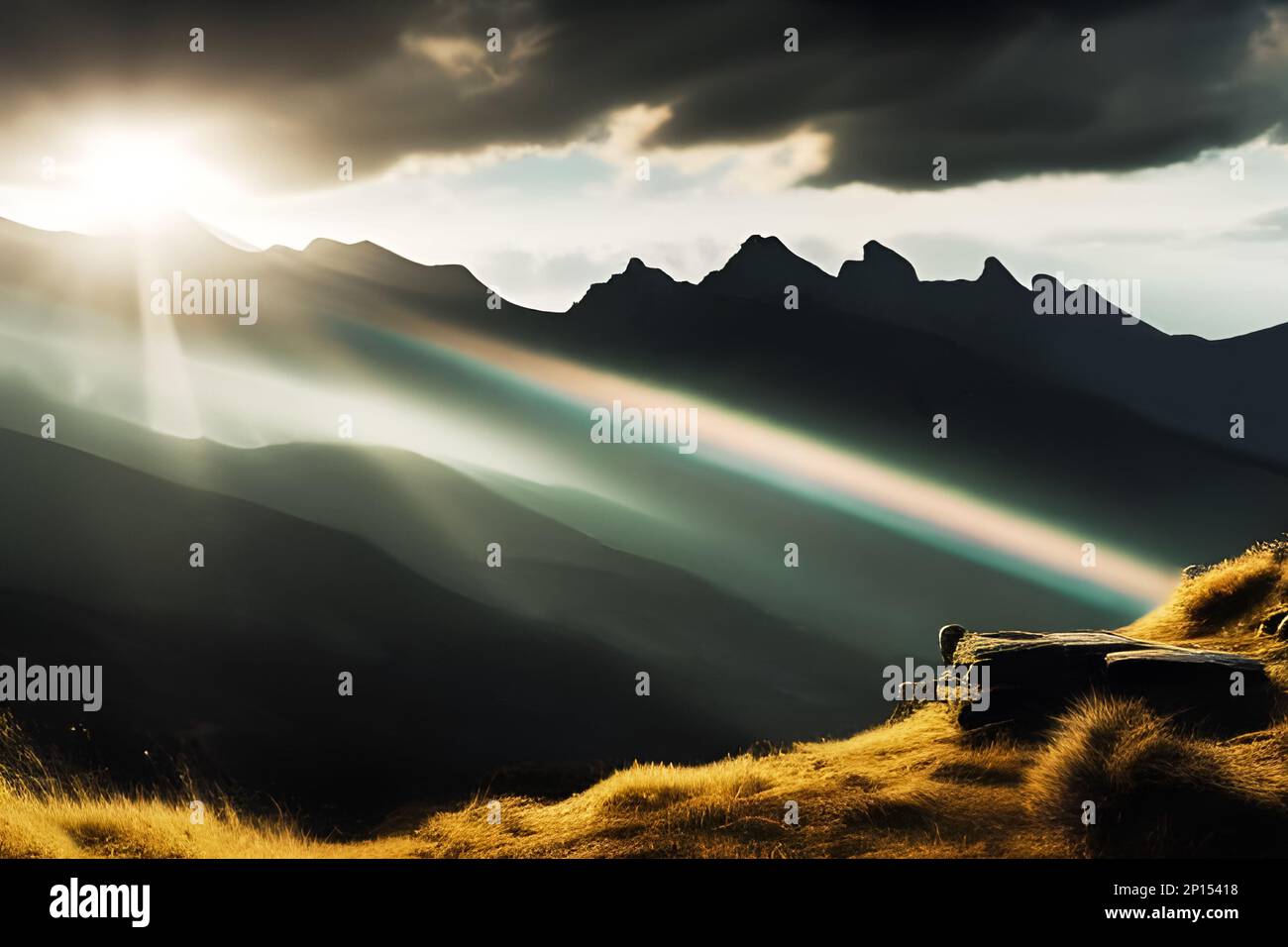 Sunrise or sunset over mountain range. Edited AI generated image Stock Photo