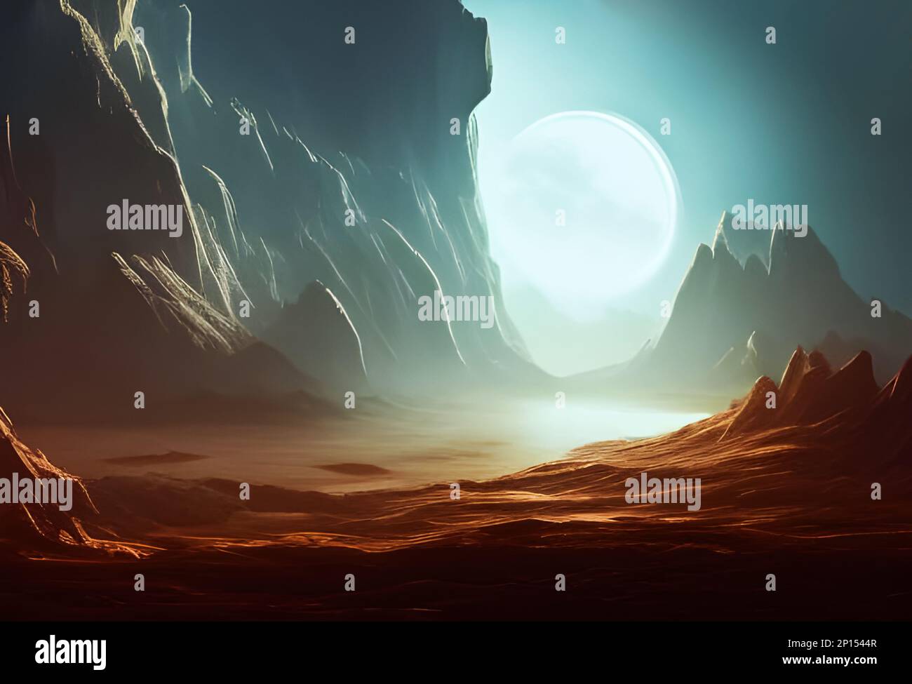 View from a cave of another planet depiction. Edited AI generated image Stock Photo