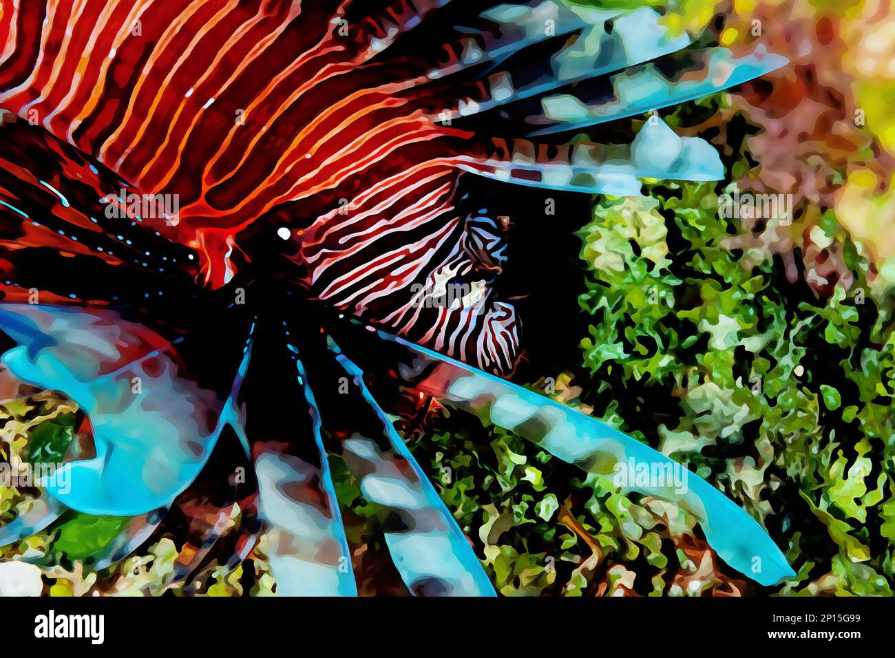 Digitally created watercolor painting of dangerous lionfish hovering