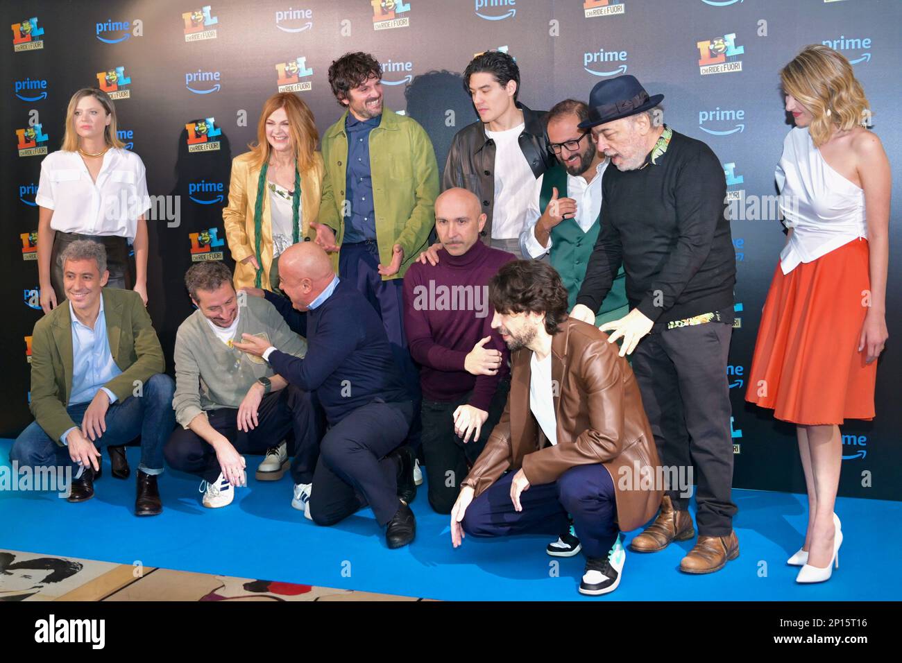 The Cast during the presentation of the Italian game show Lol: Chi ride e'  fuori 3 broadcast on Prime video from 9 March 2023 - Rome Italy Stock Photo  - Alamy