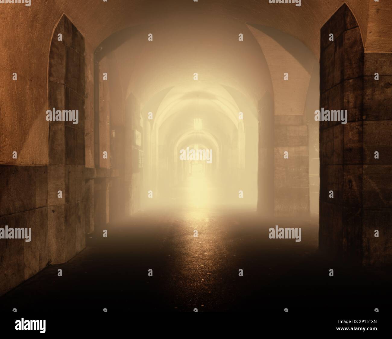 Corridor with columns on a foggy evening, lamps light on the floor, Markthalle Stuttgart, mythical mood Stock Photo