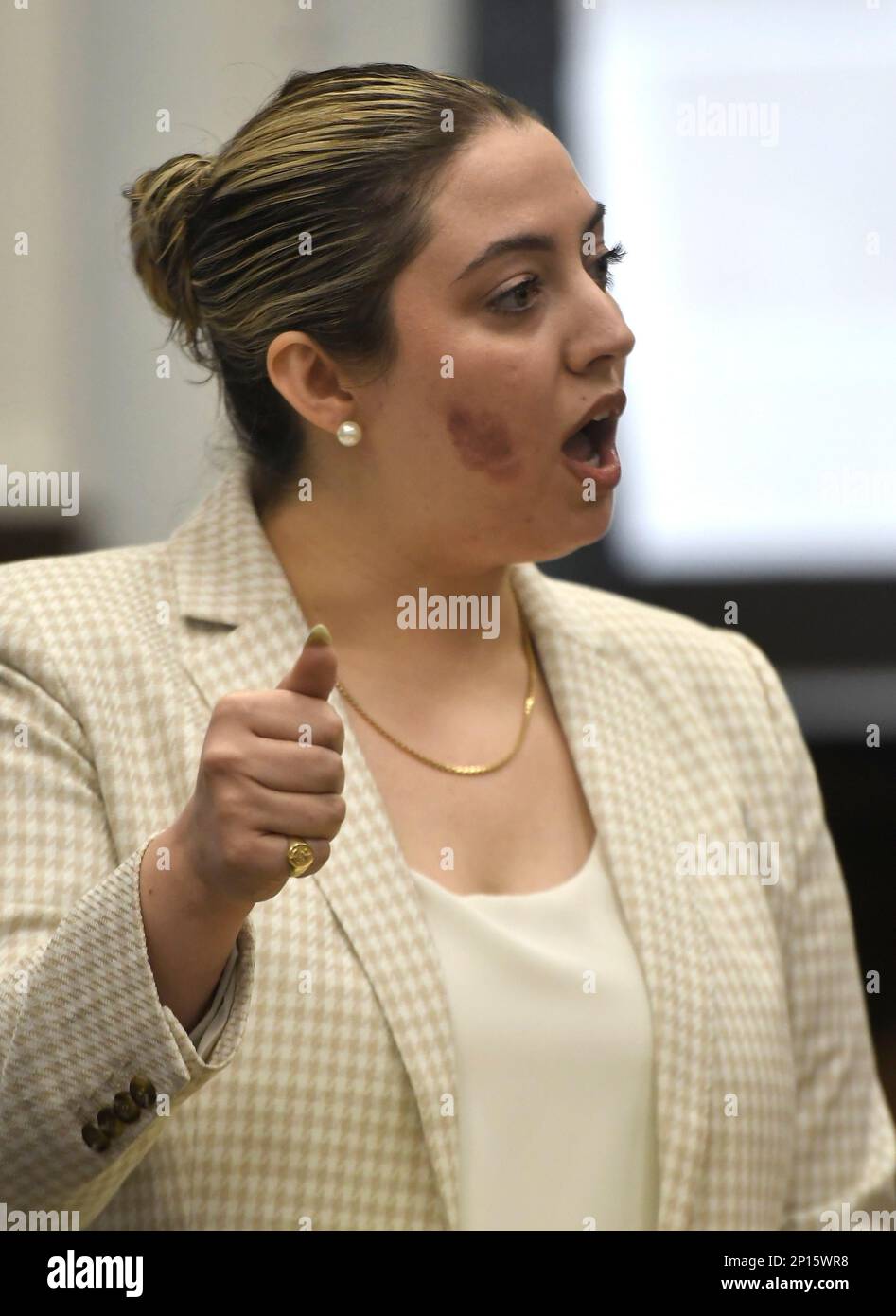 Nicole Muller, an attorney for Zachariah Anderson, gives the defense's opening statement during Anderson's trial at the Kenosha County Courthouse in Kenosha, Wis., on Thursday, Feb. 2, 2023. (Sean Krajacic/The Kenosha News via AP) Stock Photo