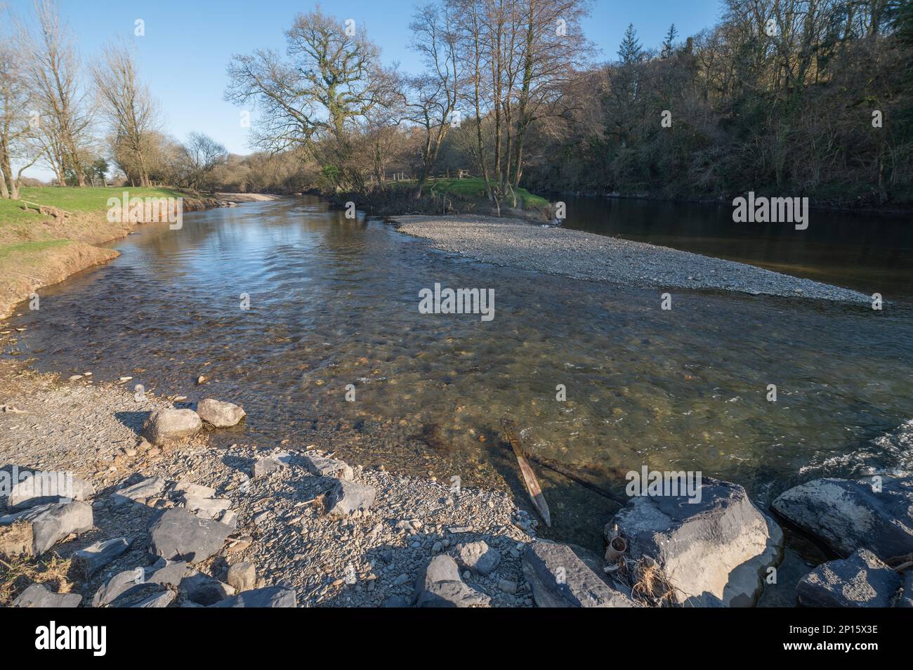 Low water level on the River Cothi where it joins the River Towy, 2nd