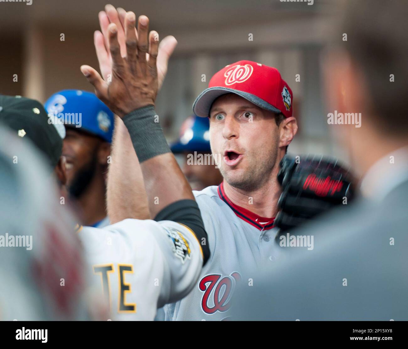 The Nationals' Max Scherzer celebrates in the dugout during the 2016 MLB All -Star Game at Petco Park in San Diego, on Tuesday, July 12, 2016. The  American League won 4-2. (Kevin Sullivan/The