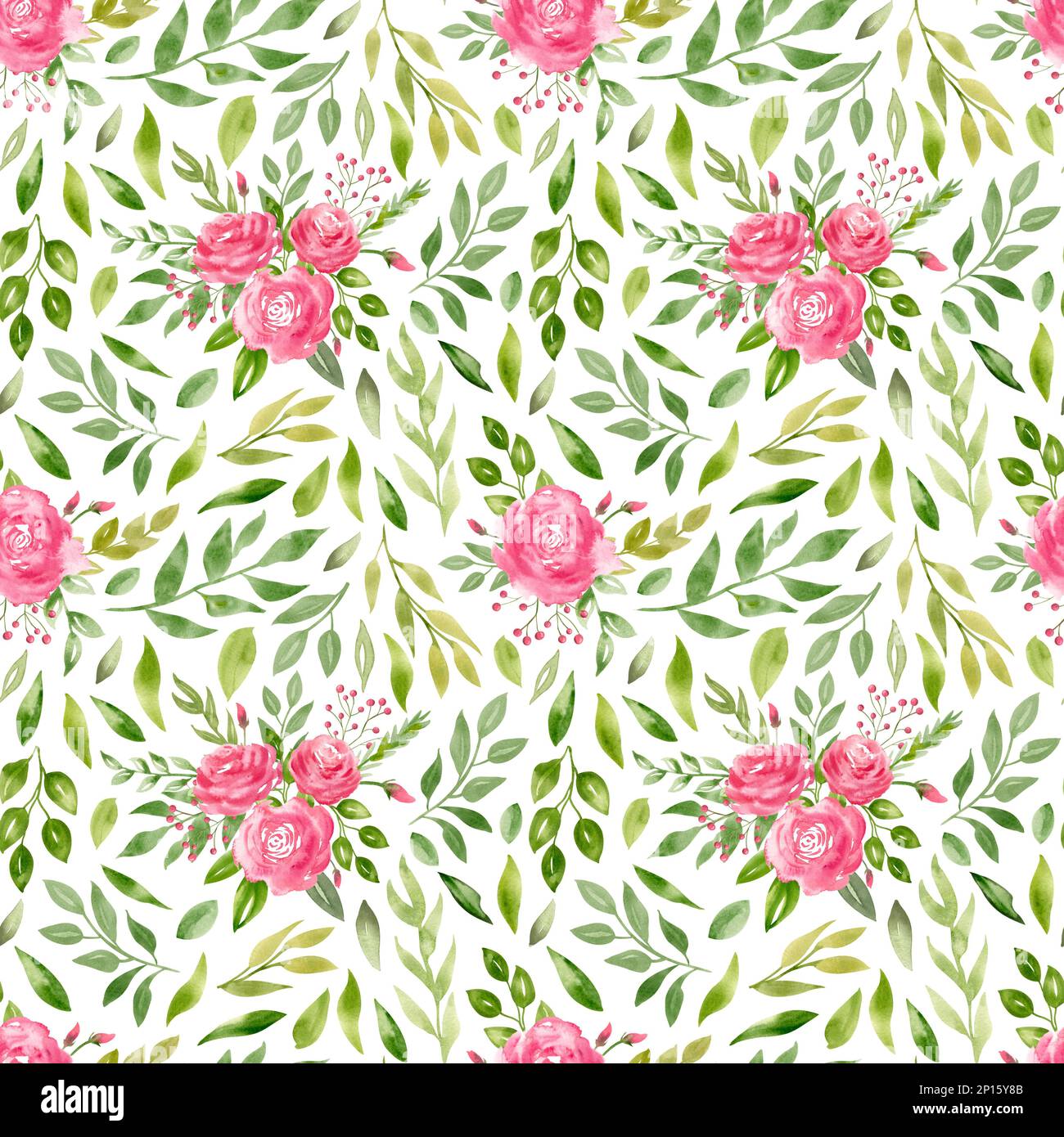 Watercolor seamless Pattern with pink Rose Flowers and green leaves ...