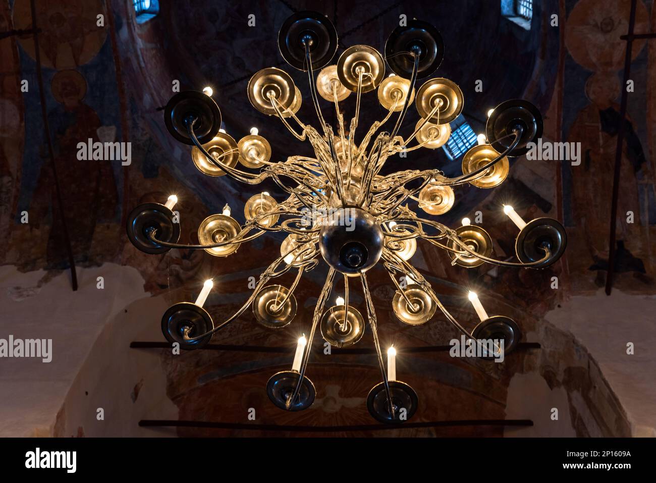 Chandelier of the Znamensky Cathedral, an inactive Orthodox church in Veliky Novgorod near the Church of the Transfiguration of the Savior on Ilyin St Stock Photo