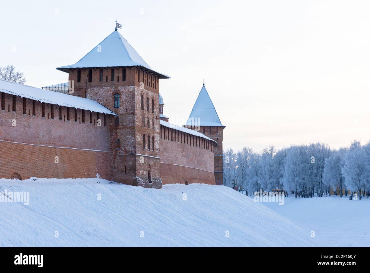 Novgorod Winter Novgorod Kremlin also known as Detinets. Towers and wall on a winter ...