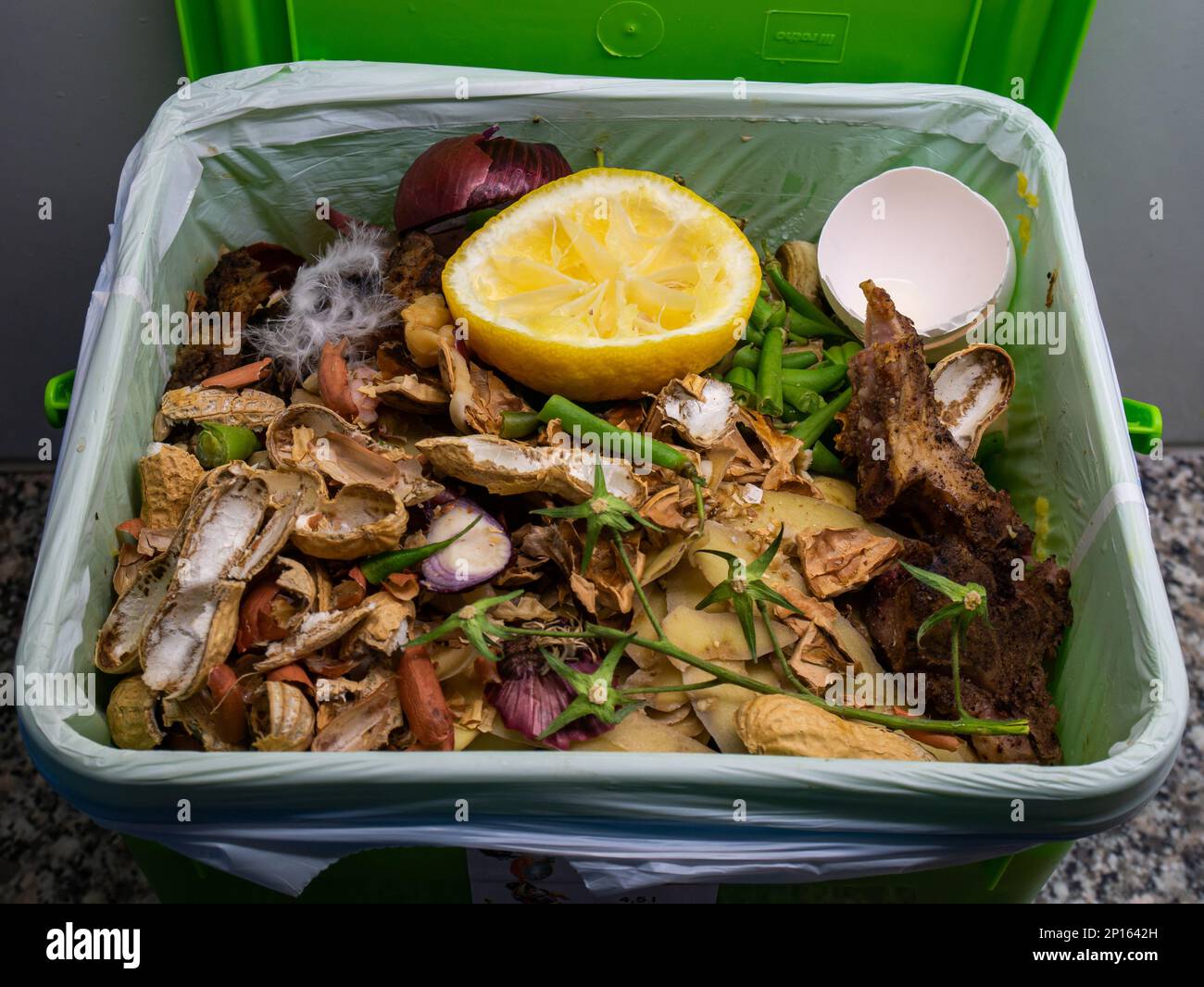 Domestic food waste container full leftovers vegetables in a plastic