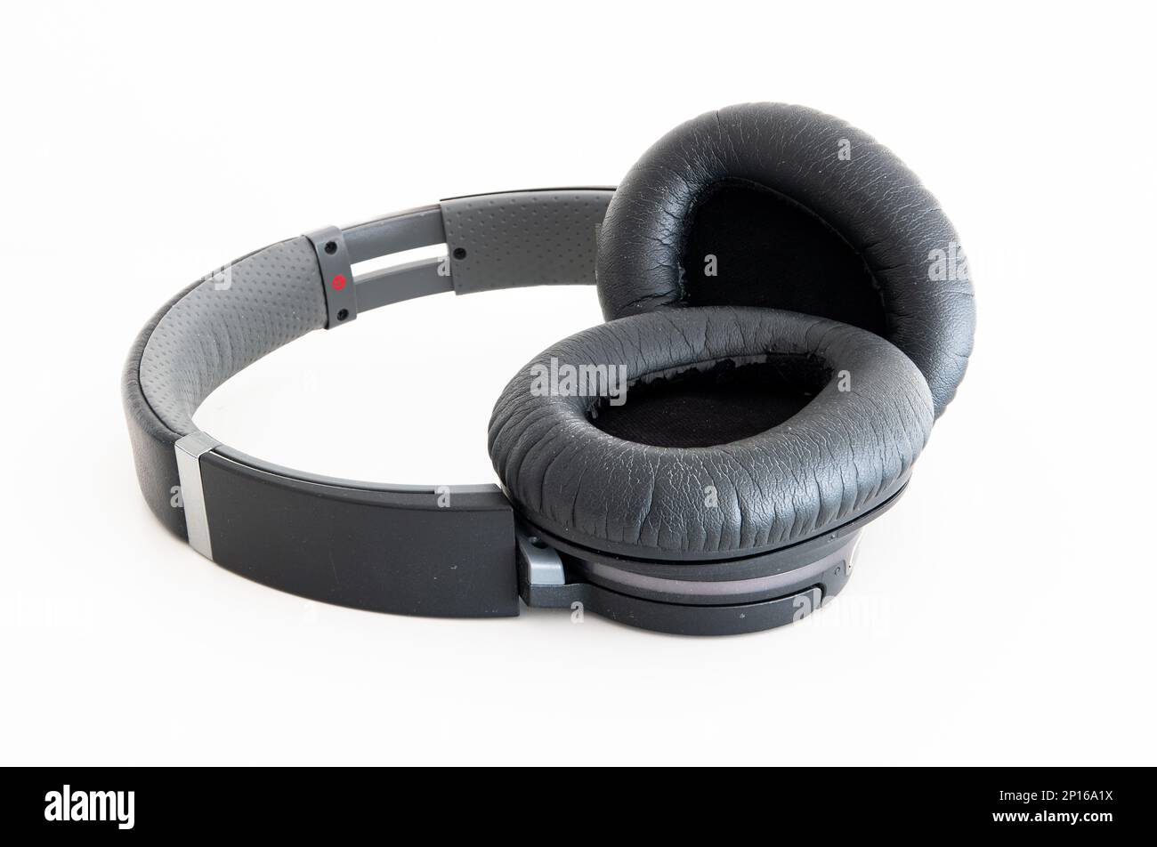 Generic black Bluetooth wireless headphone isolated on white background. Stock Photo