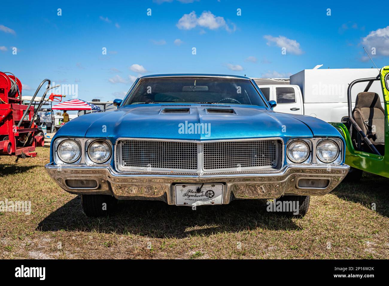 Fort Meade, FL - February 24, 2022: Low perspective front view of a 1970 Buick GS 455 Stage 1 Coupe at a local car show. Stock Photo