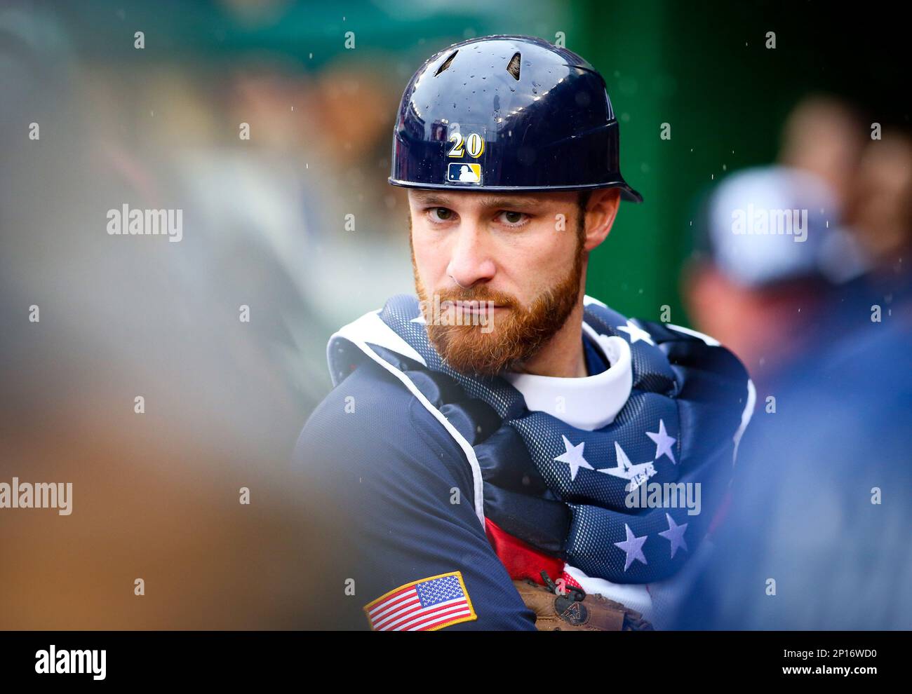 July 24, 2016: Milwaukee Brewers catcher Jonathan Lucroy #20 with his  daughter after the National Anthem and prior to the Major League Baseball  game between the Milwaukee Brewers and the Chicago Cubs