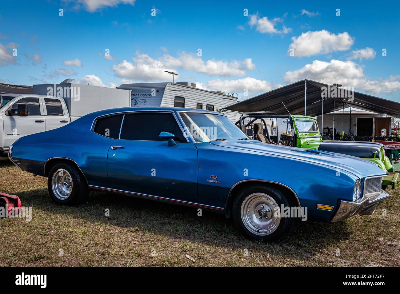 Fort Meade, FL - February 24, 2022: High perspective side view of a 1970 Buick GS 455 Stage 1 Coupe at a local car show. Stock Photo
