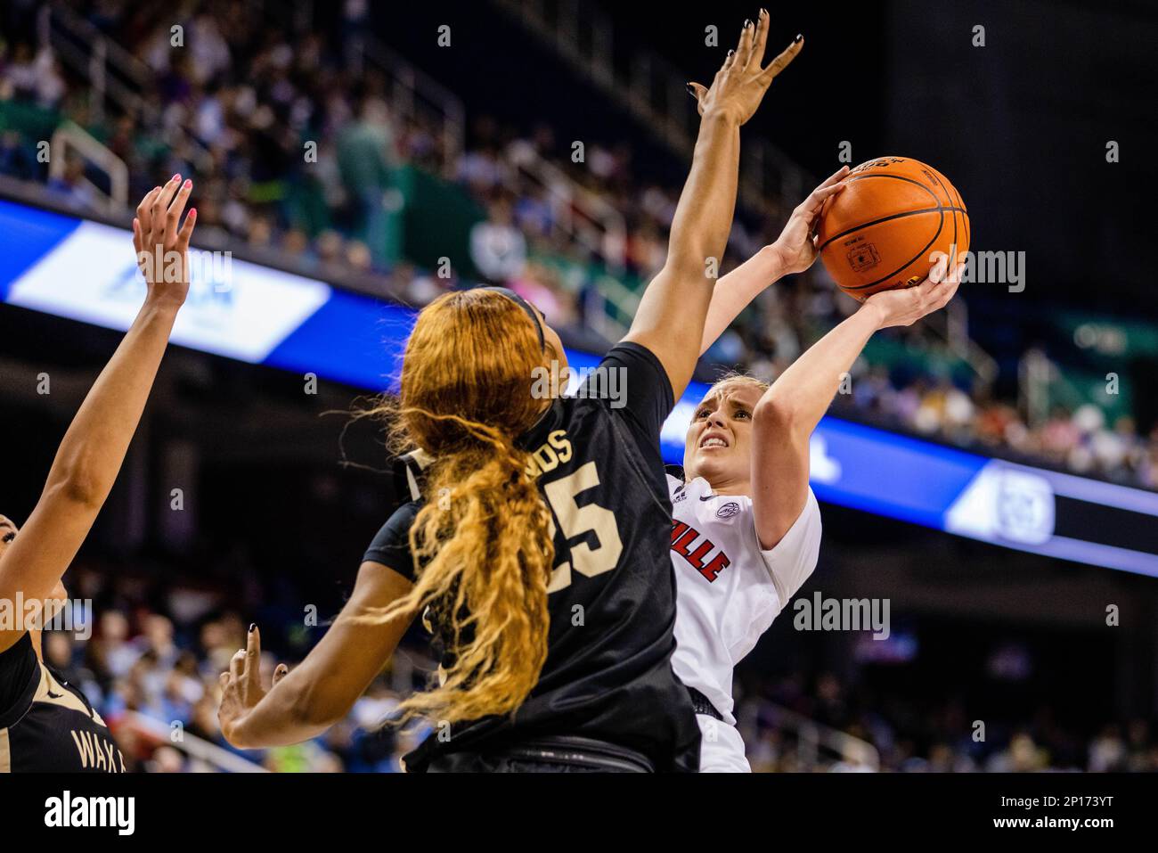 Greensboro, NC, USA. 3rd Mar, 2023. Louisville Cardinals guard Hailey