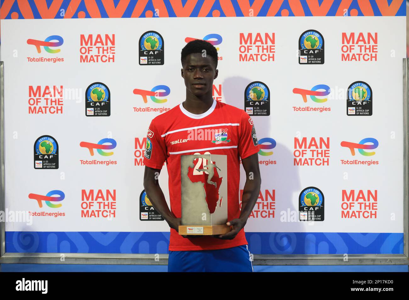 Egypt, Alexandria 03 March 2023 - Adama Bojang of The Gambia with man of the match trophy after the Quarter Final match between Gambia Under 20 and South Sudan Under 20 of TotalEnergies Under 20 Africa Cup of Nations Egypt 2023 and qualify play off for FIFA under 20 World Cup 2023 in Indonesia. Haras El-Hodod Stadium in Alexandria, Egypt, 2023. Photo SFSI Credit: Sebo47/Alamy Live News Stock Photo