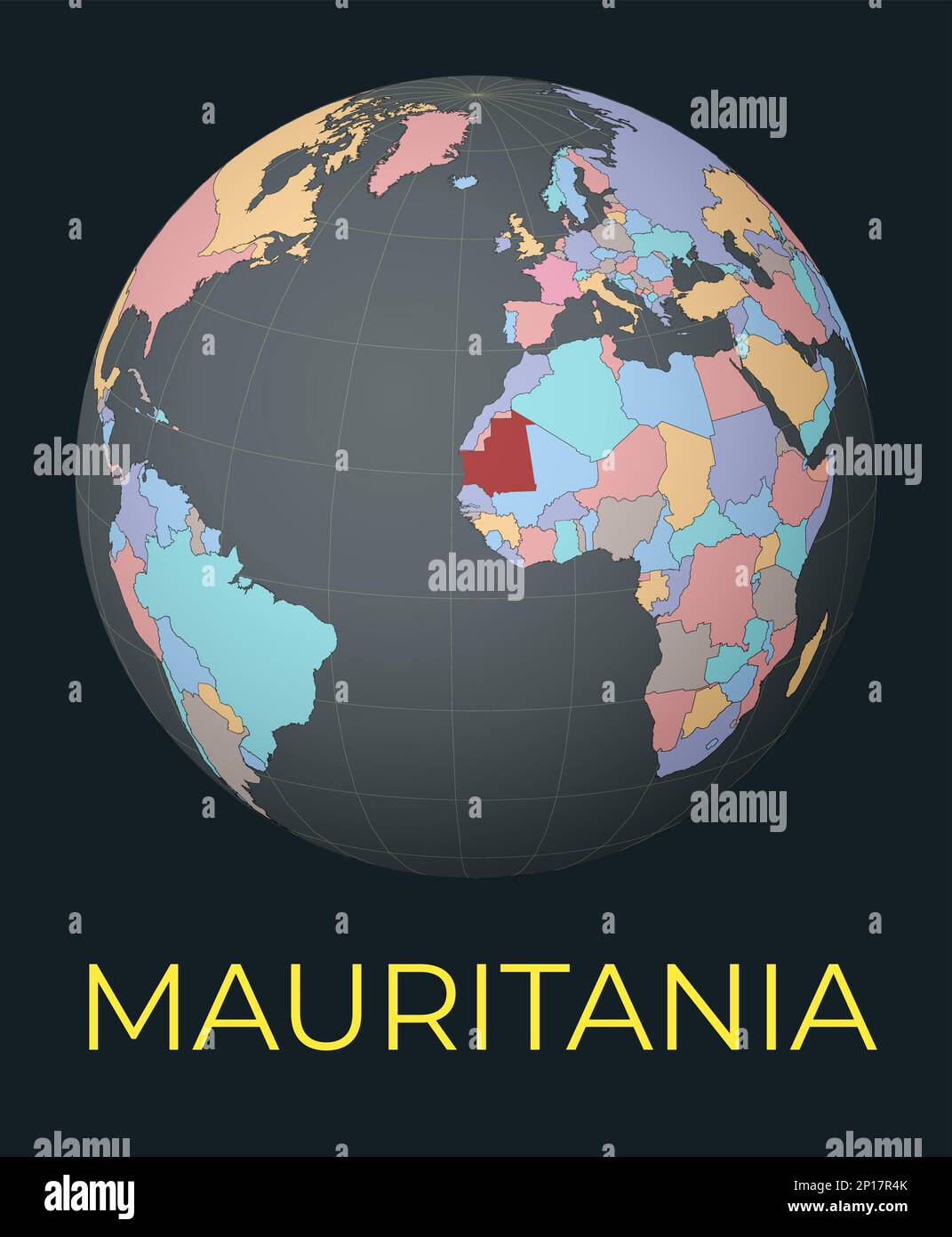 World Map Centered On Mauritania Red Country Highlighted Satellite World Map Centered On Mauritania Red Country Highlighted Satellite World View Centered On The Country With Name Vector Illustration 2P17R4K