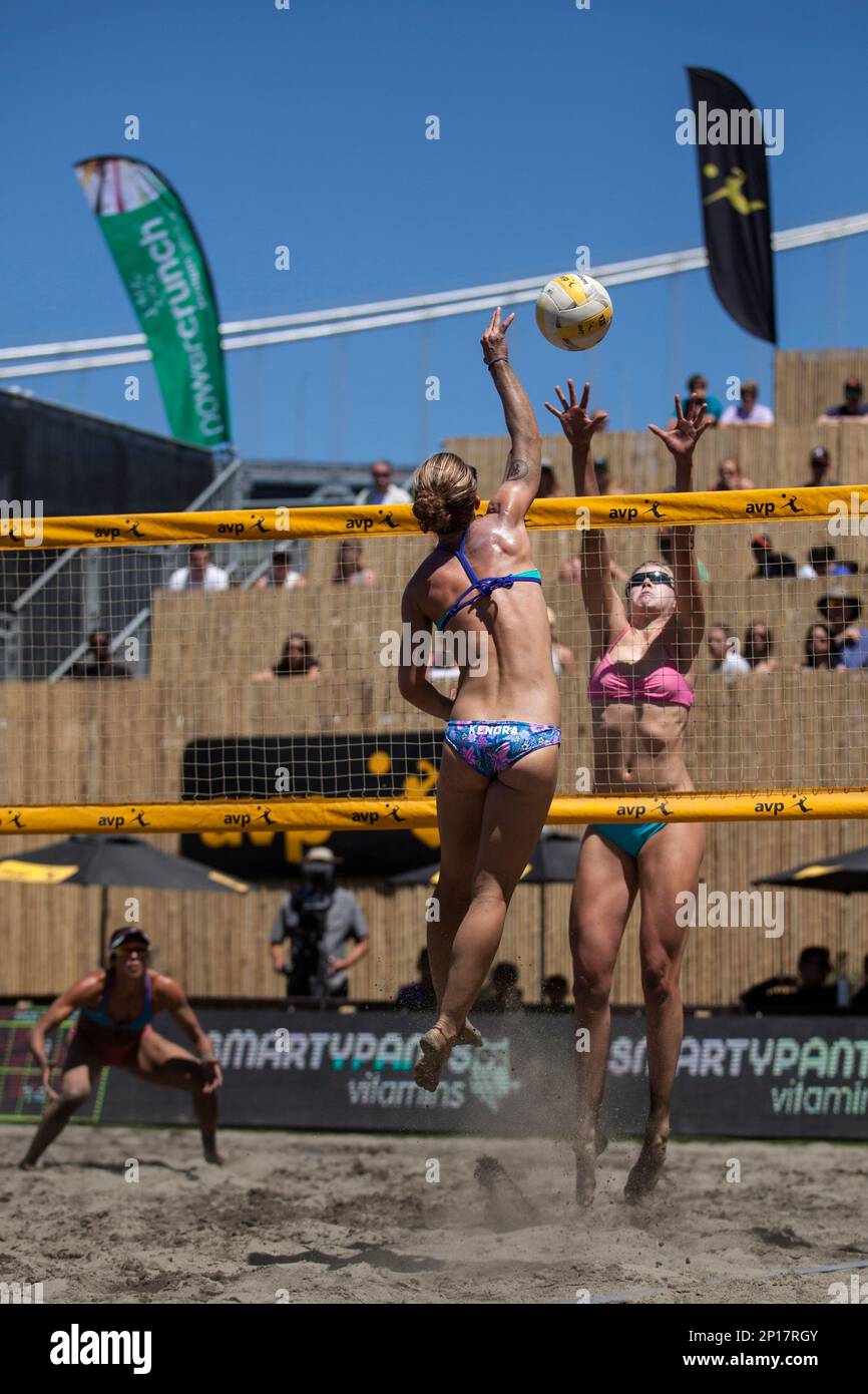 25 June 2016: Kendra Van Zwieten looks to score as Summer Ross jumps up to  block during the AVP San Francisco Open in San Francisco, CA. (Photo by  Hailey Archambault/Icon Sportswire) (Icon