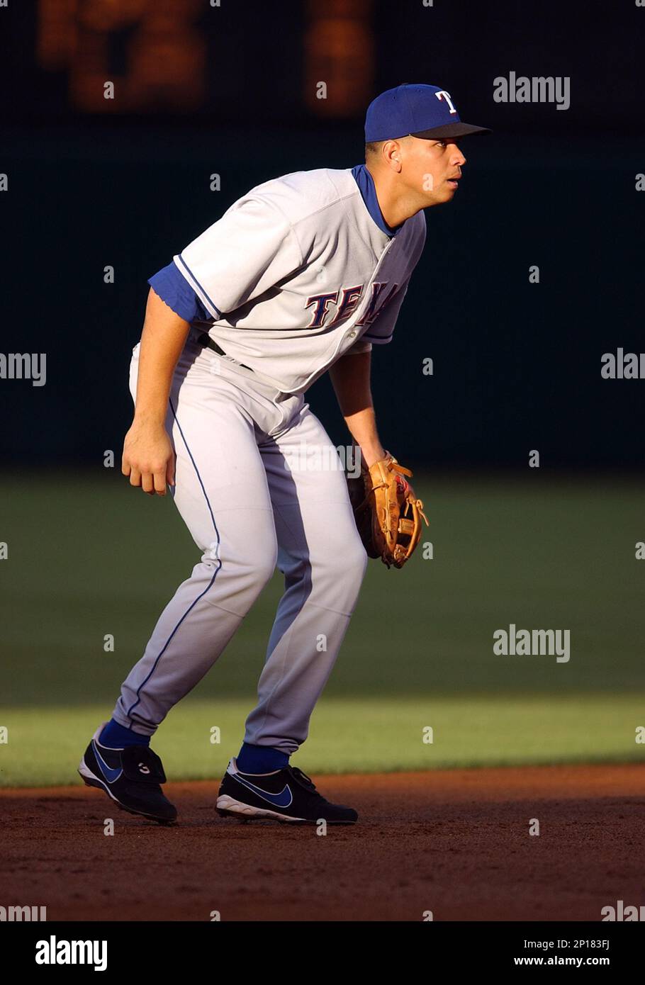 03 Jul. 2003: Texas Rangers shortstop Alex Rodriguez (3) on the field  during the first inning of a game played against the Anaheim Angels played  at Angel Stadium of Anaheim in Anaheim