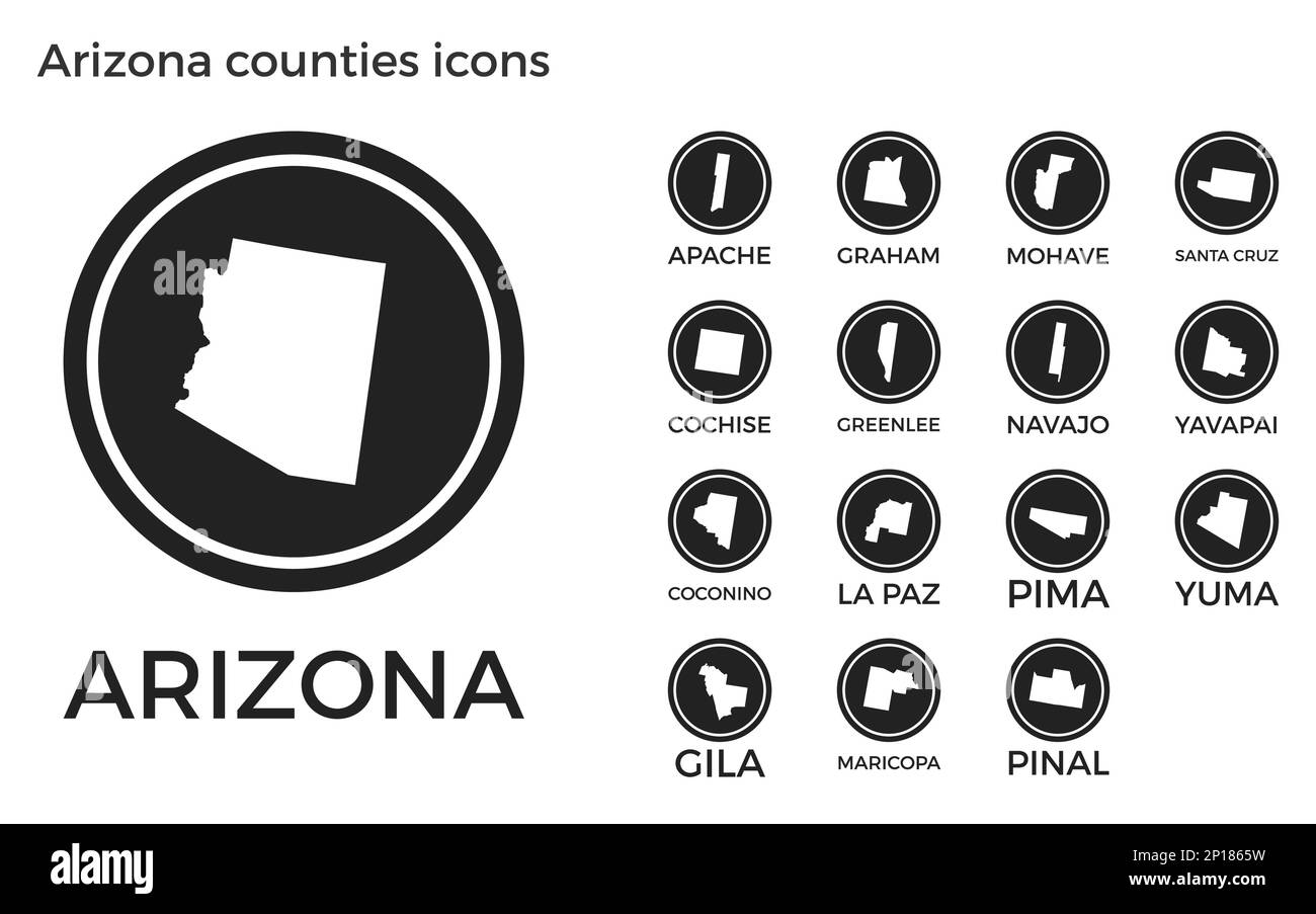 Arizona counties icons. Black round logos with us state counties maps and titles. Vector illustration. Stock Vector